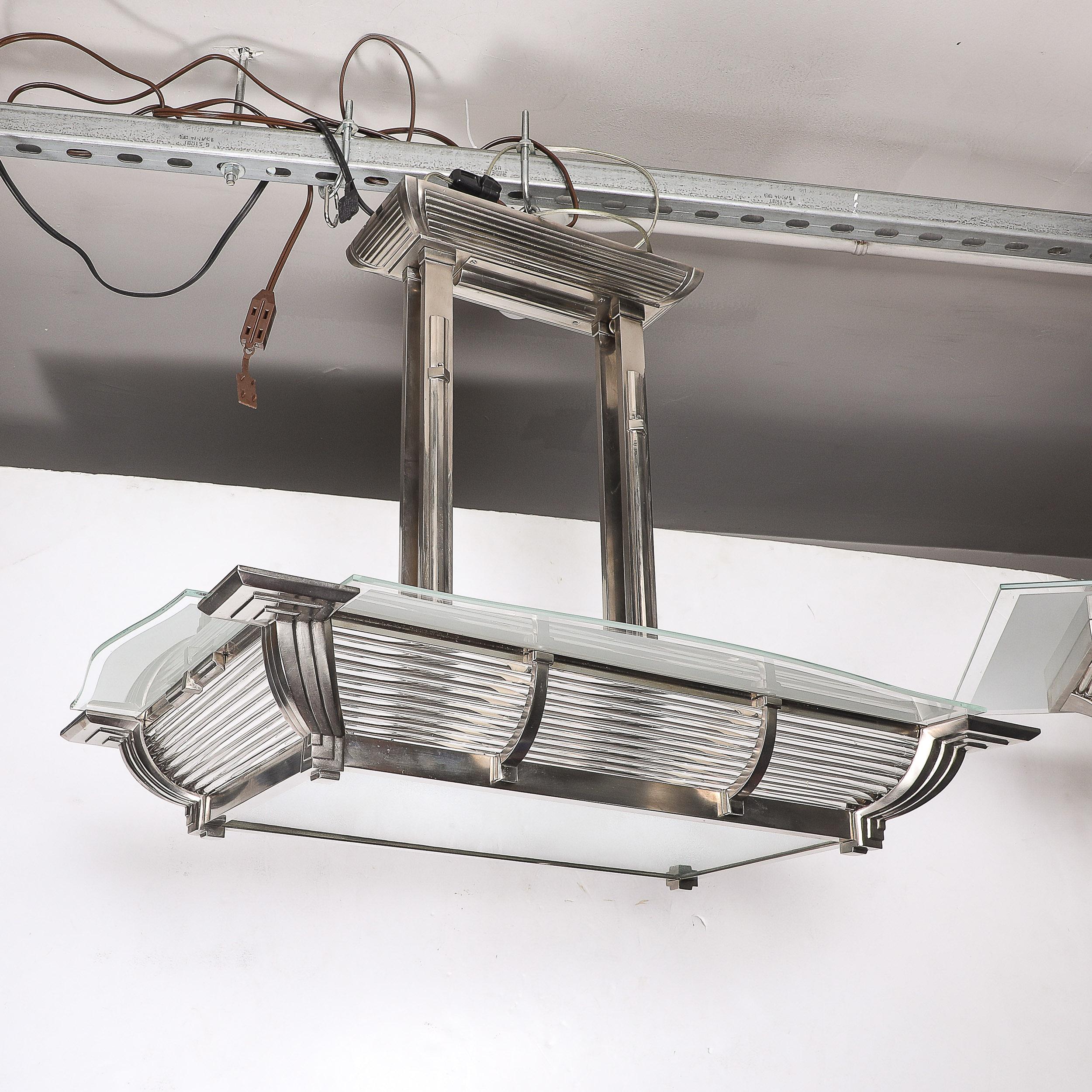 Art Deco Machine Age Silvered Bronze & Frosted Glass Chandelier signed Petitot For Sale 9