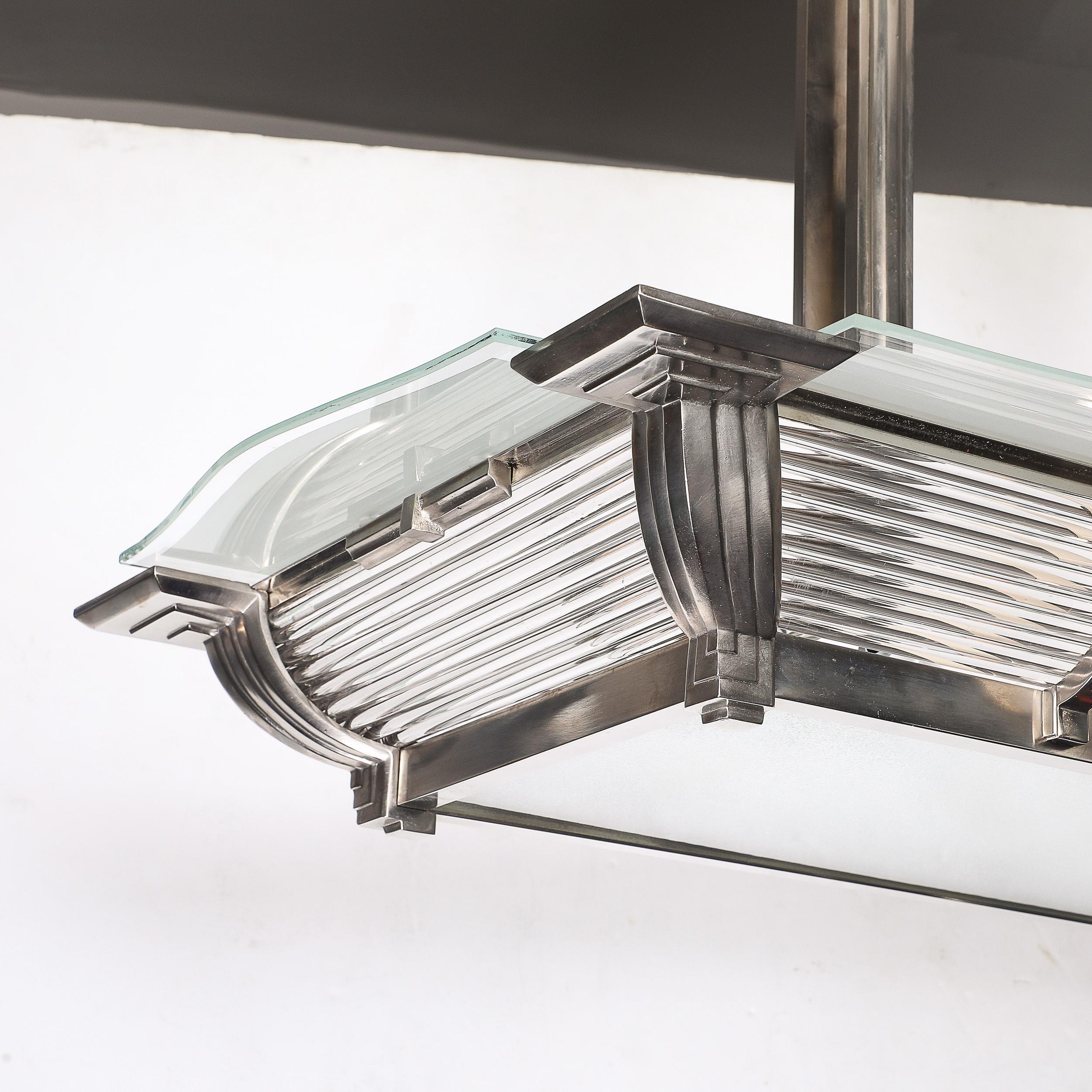 Art Deco Machine Age Silvered Bronze & Frosted Glass Chandelier signed Petitot For Sale 10