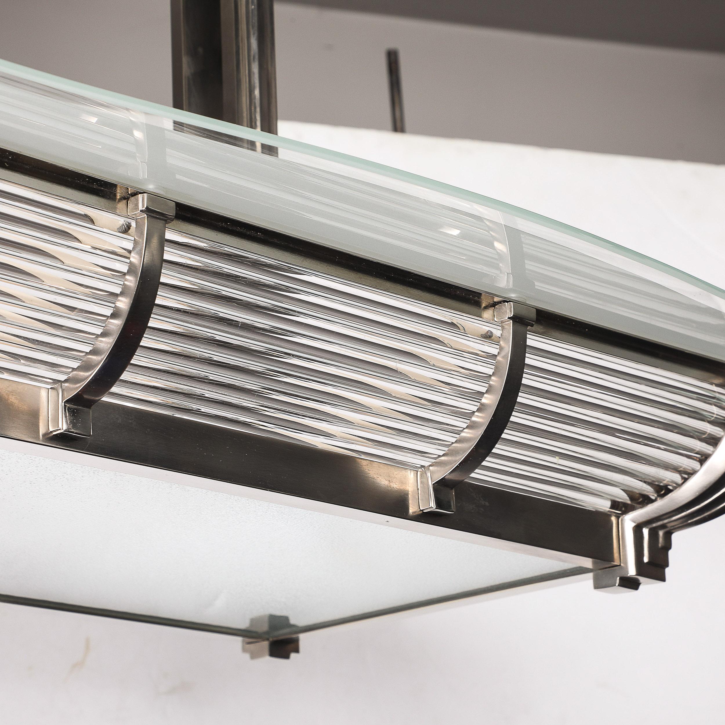 Art Deco Machine Age Silvered Bronze & Frosted Glass Chandelier signed Petitot For Sale 11