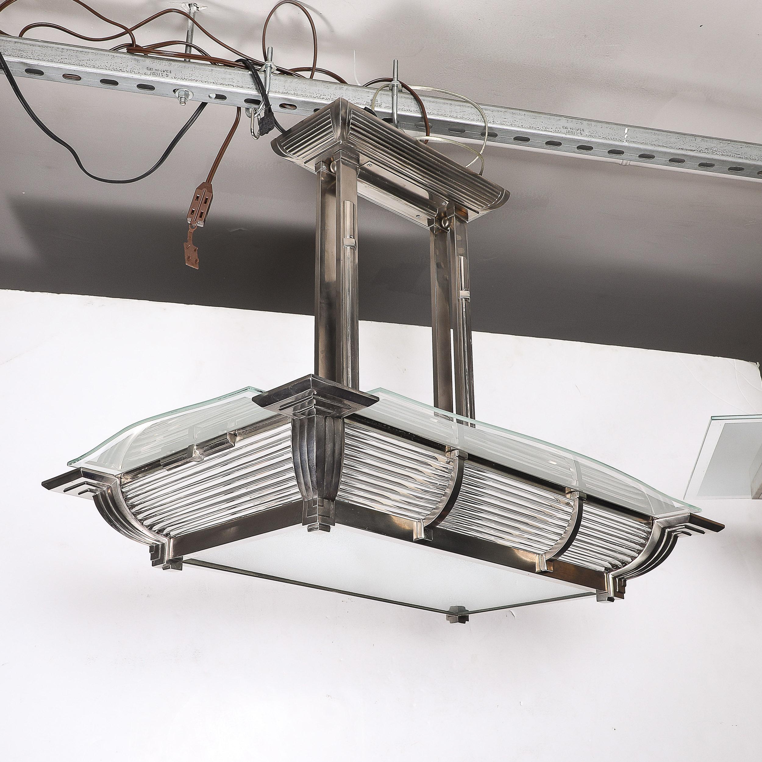 Art Deco Machine Age Silvered Bronze & Frosted Glass Chandelier signed Petitot For Sale 12