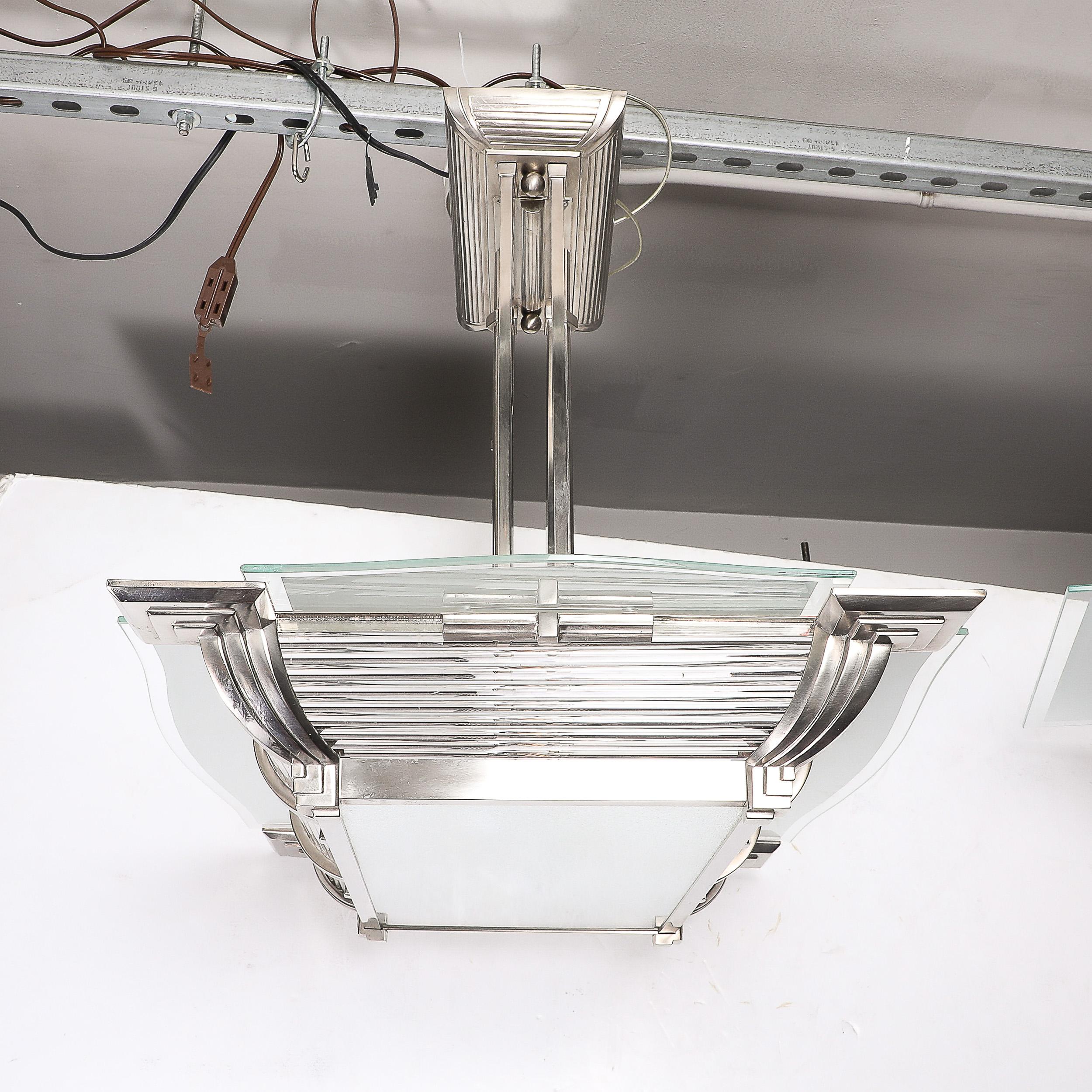 Art Deco Machine Age Silvered Bronze & Frosted Glass Chandelier signed Petitot For Sale 13