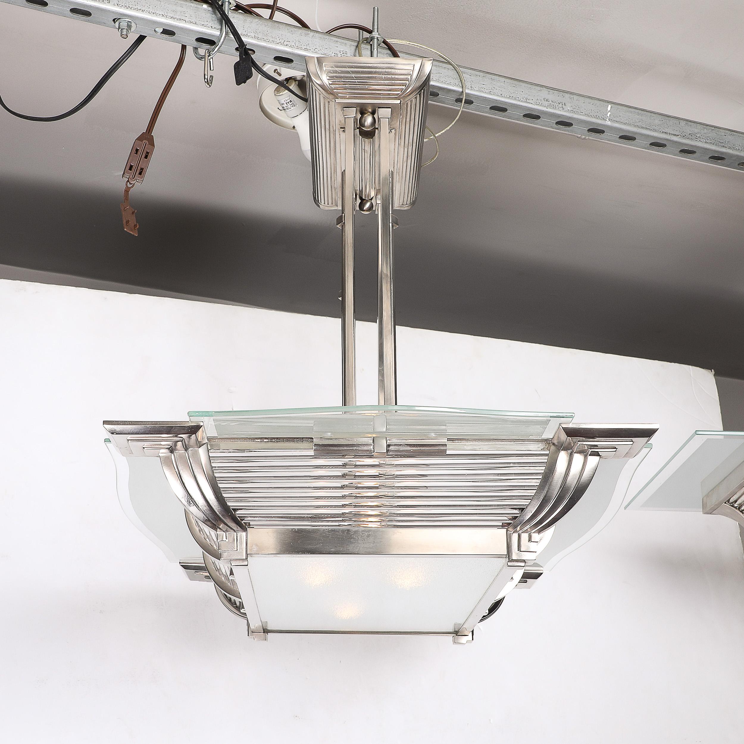 French Art Deco Machine Age Silvered Bronze & Frosted Glass Chandelier signed Petitot For Sale