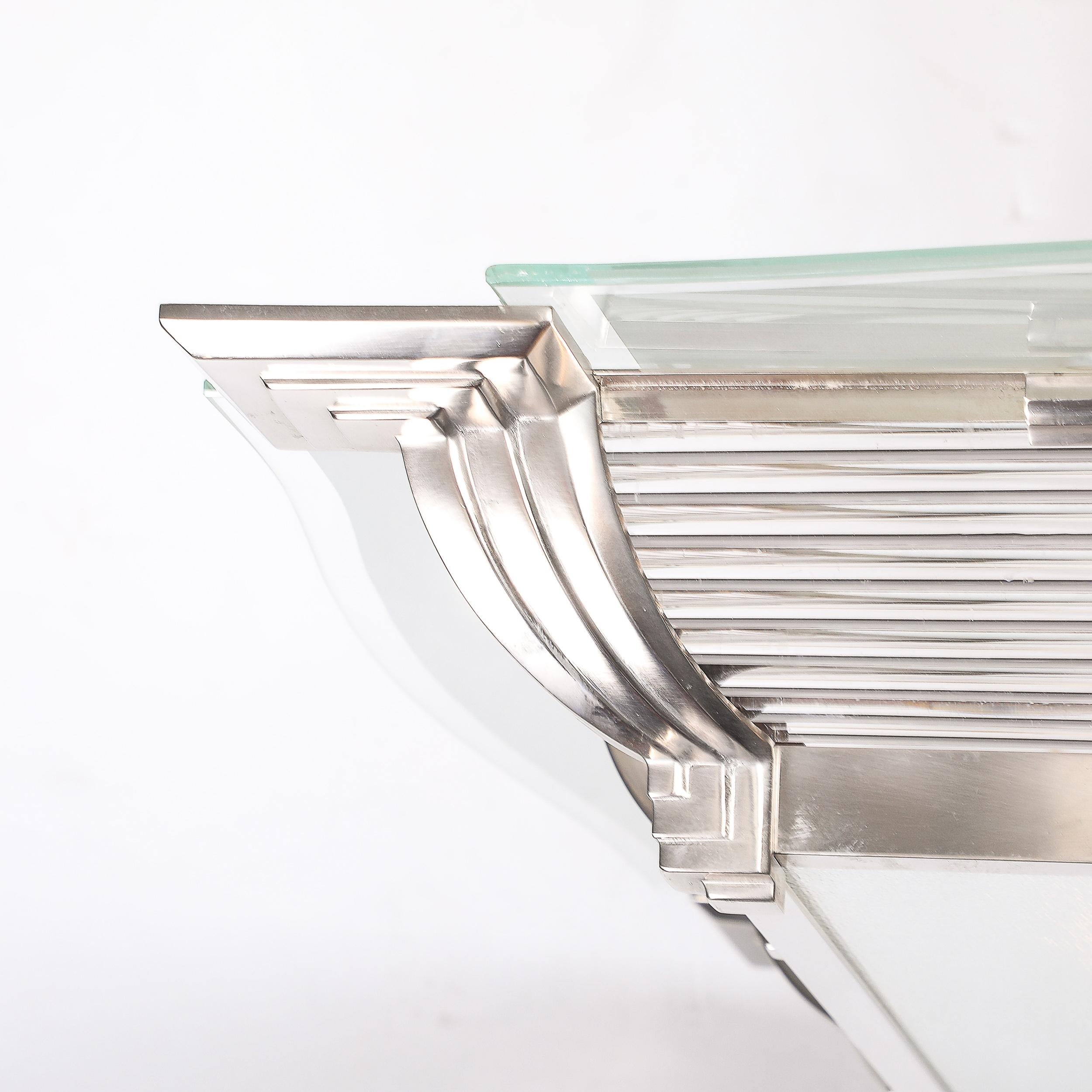 Art Deco Machine Age Silvered Bronze & Frosted Glass Chandelier signed Petitot In Excellent Condition For Sale In New York, NY
