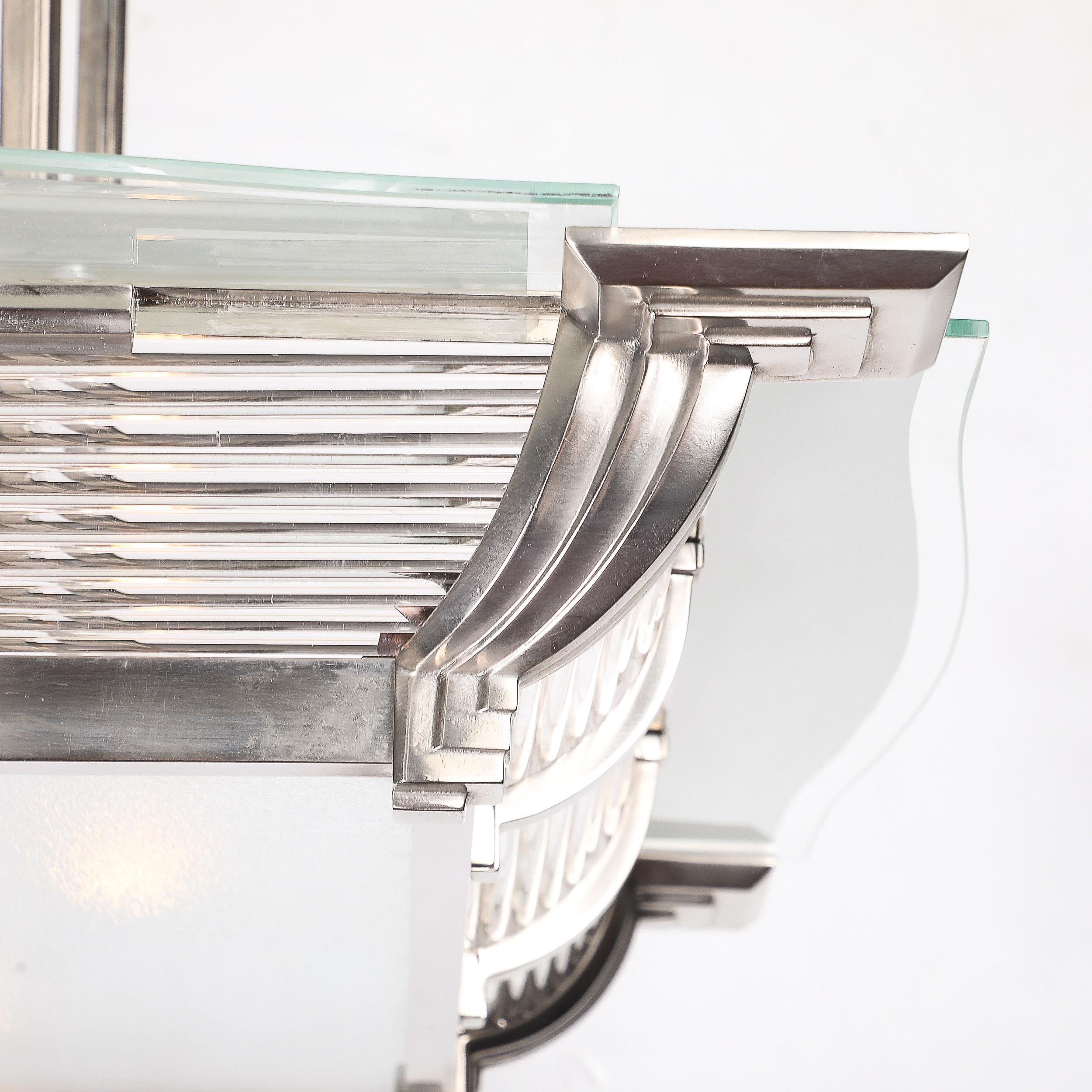 Mid-20th Century Art Deco Machine Age Silvered Bronze & Frosted Glass Chandelier signed Petitot For Sale