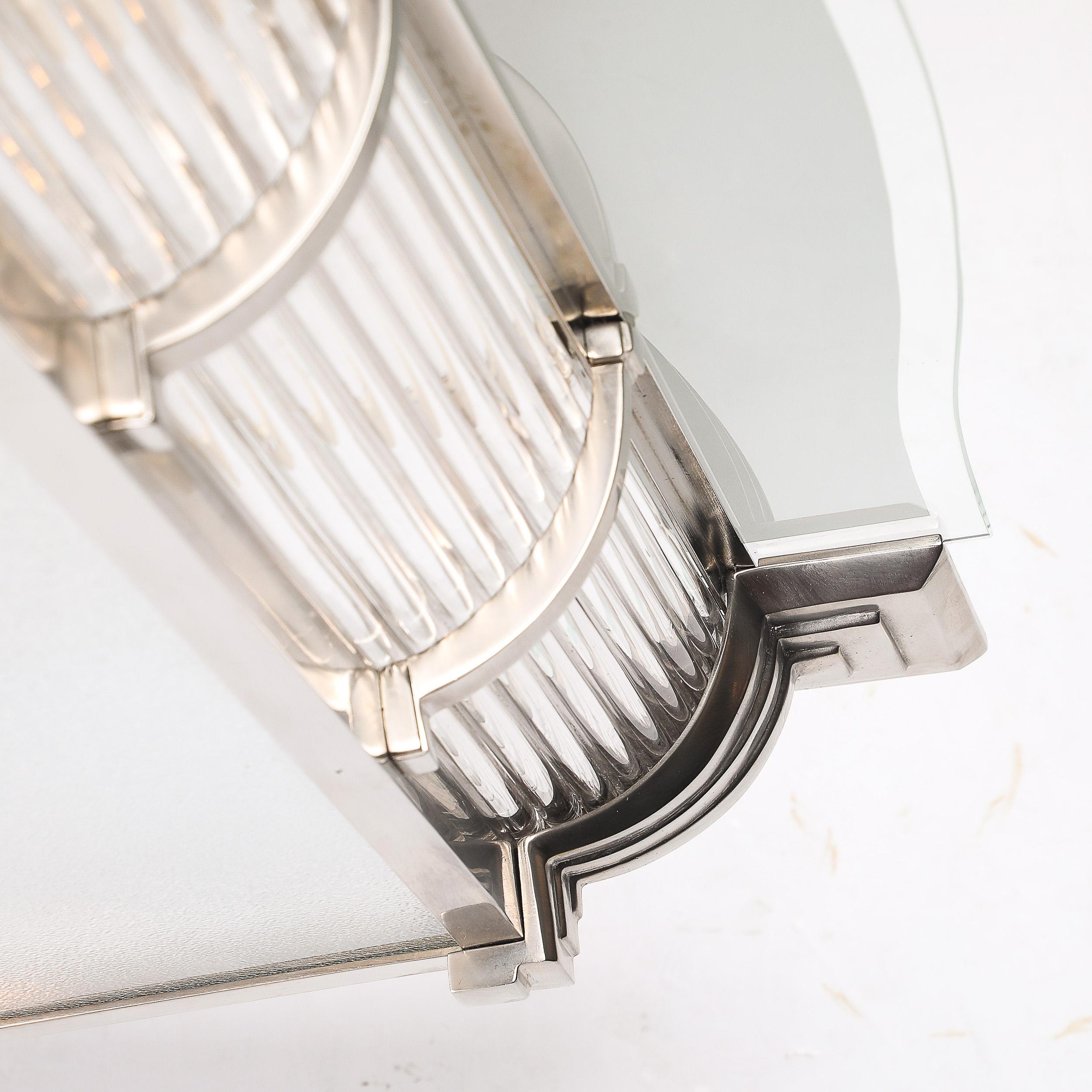 Art Deco Machine Age Silvered Bronze & Frosted Glass Chandelier signed Petitot For Sale 1
