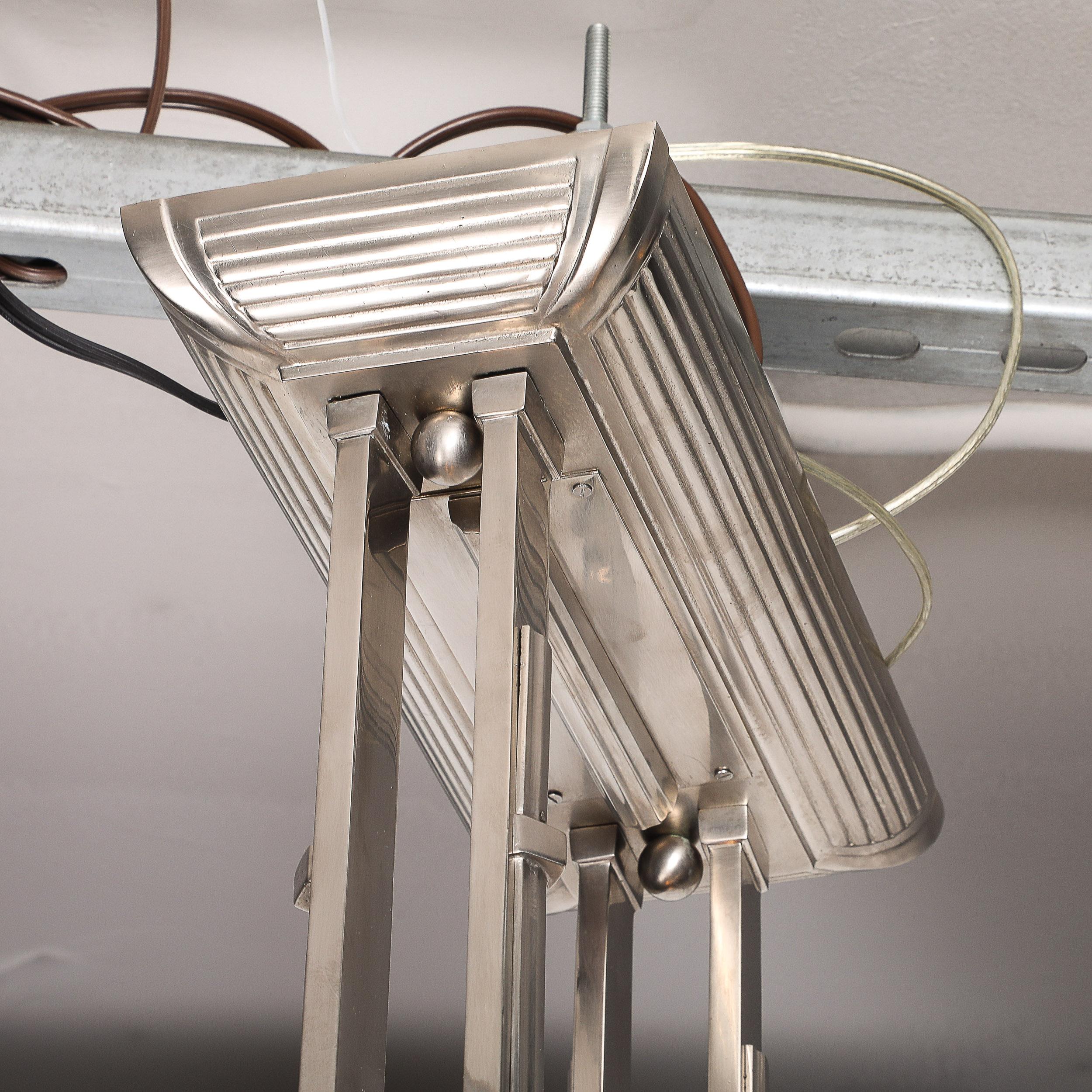 Art Deco Machine Age Silvered Bronze & Frosted Glass Chandelier signed Petitot For Sale 2