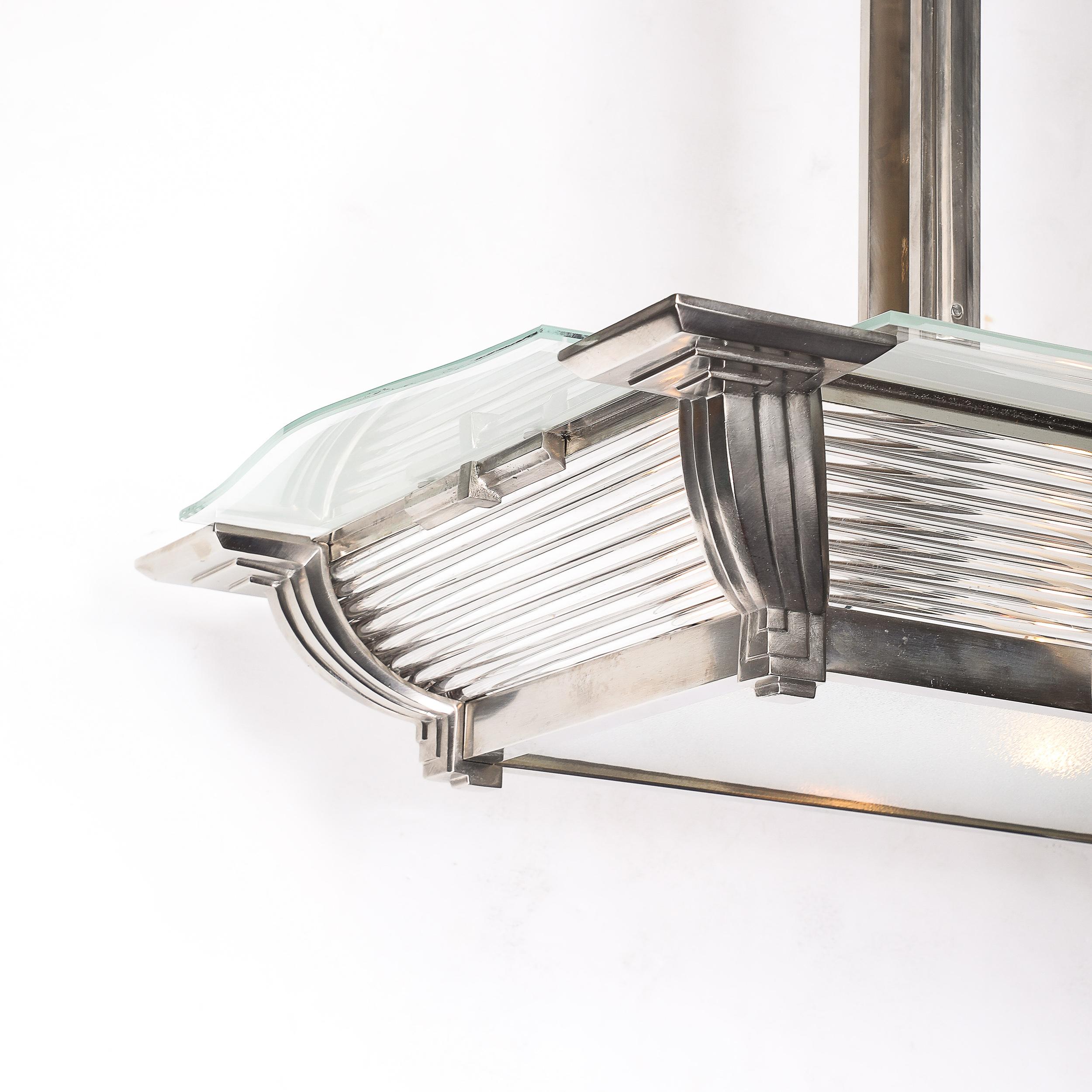 Art Deco Machine Age Silvered Bronze & Frosted Glass Chandelier signed Petitot For Sale 3