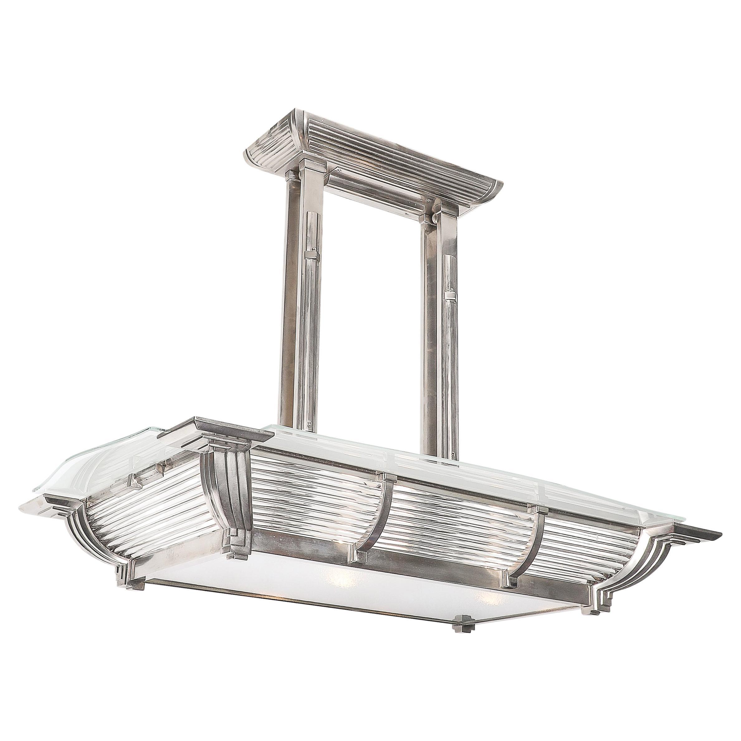 Art Deco Machine Age Silvered Bronze & Frosted Glass Chandelier signed Petitot For Sale