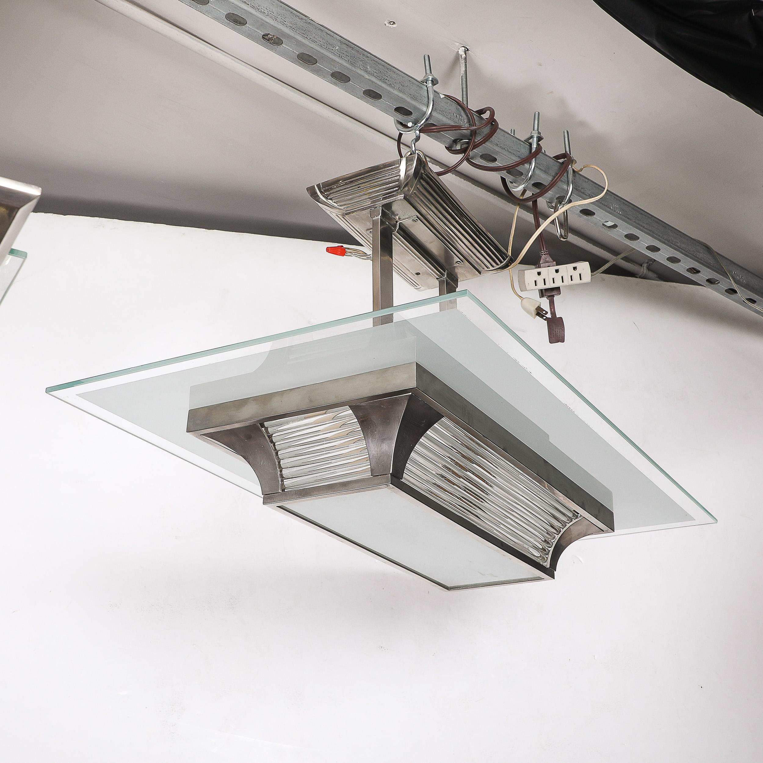 Lampadario a stelo in bronzo argentato e vetro Art Déco Machin di PETITOT in vendita 7