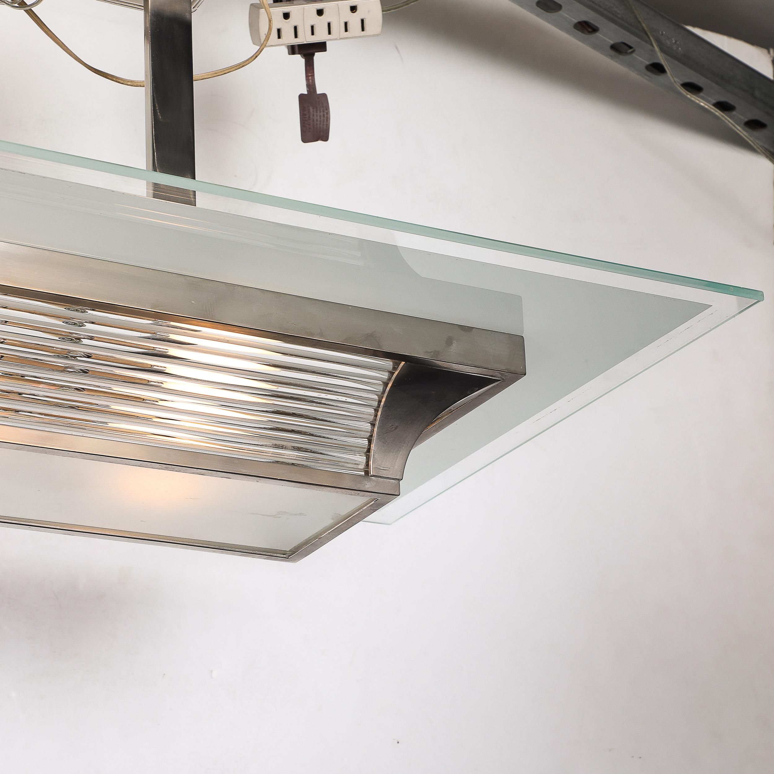 Lampadario a stelo in bronzo argentato e vetro Art Déco Machin di PETITOT in vendita 1