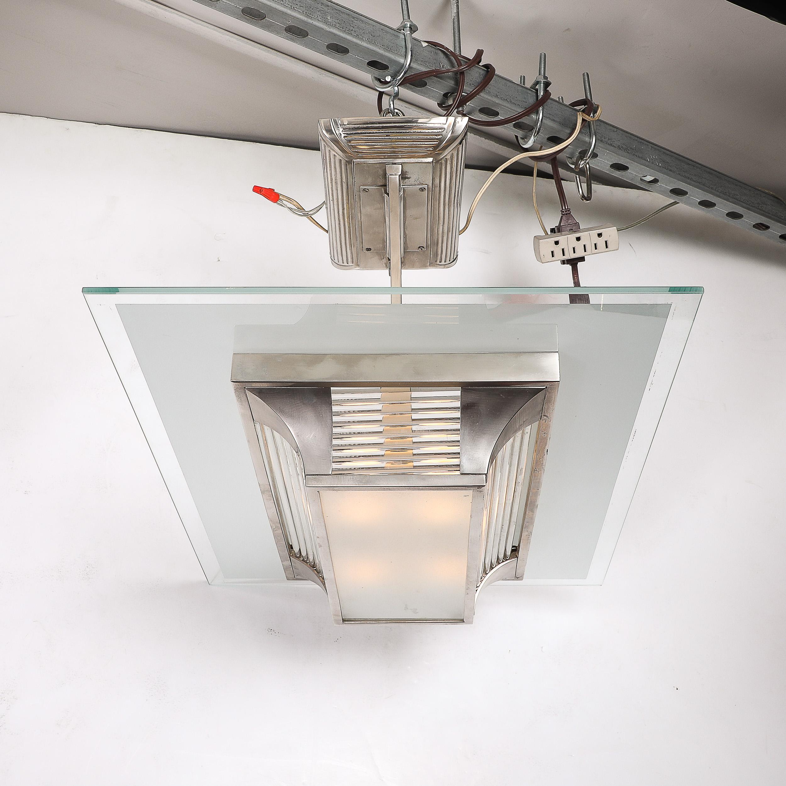 Lampadario a stelo in bronzo argentato e vetro Art Déco Machin di PETITOT in vendita 2