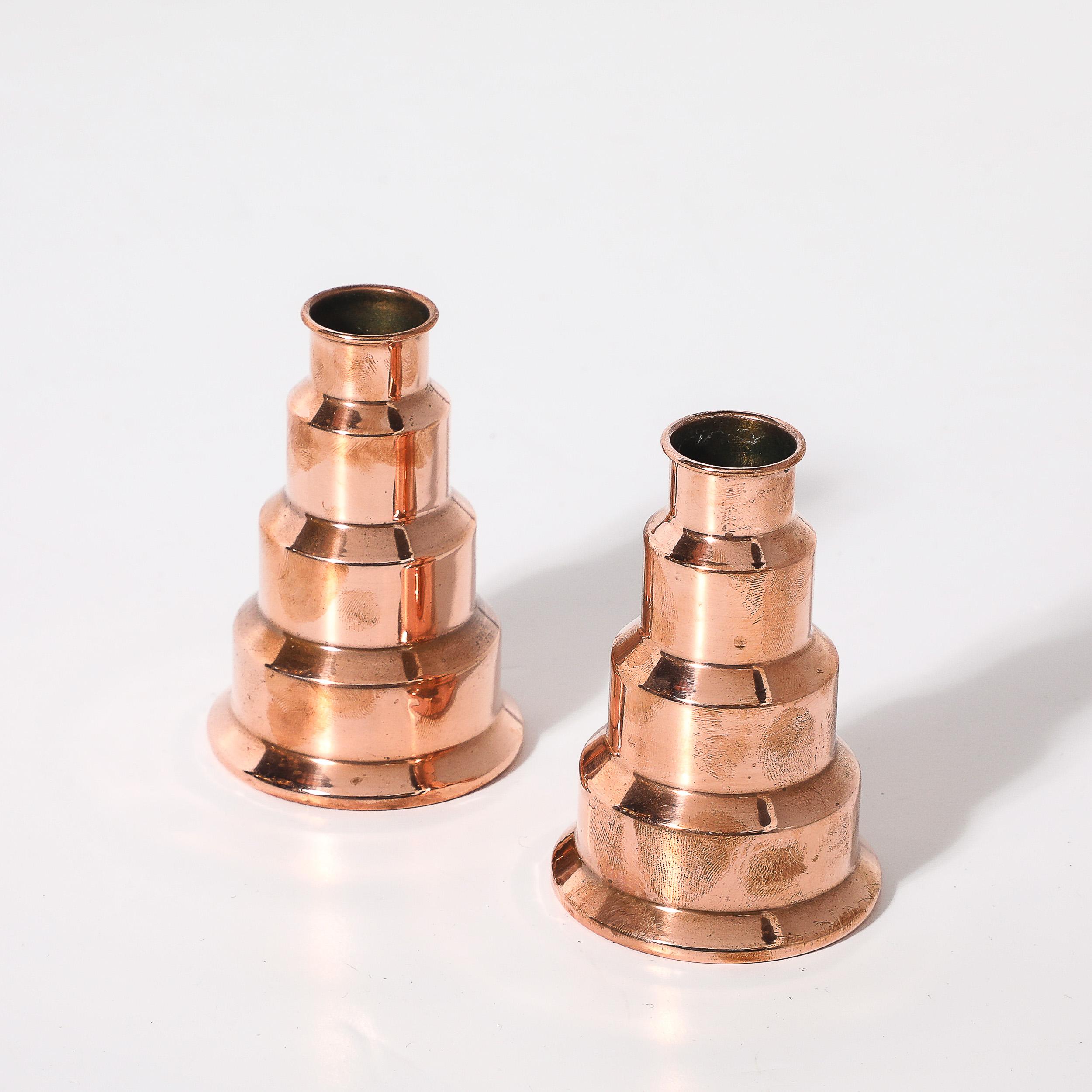 Art Déco Art Deco Machine Age Skyscraper Style Candleholders in Copper signed Revere in vendita