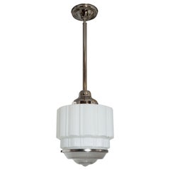 Art Deco Machine Age Skyscraper Style Chrome, White and Pressed Glass Pendant