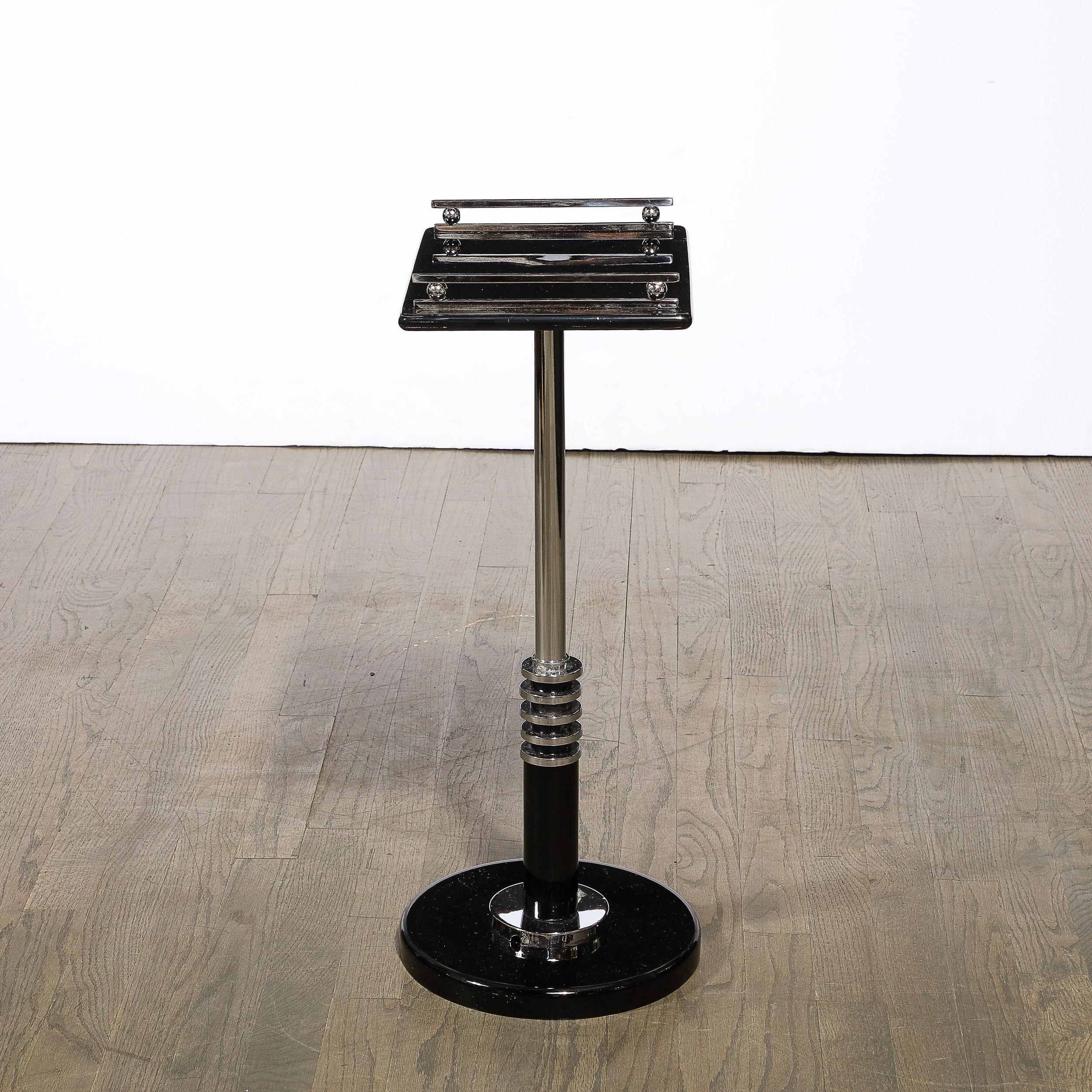 Mid-20th Century Art Deco Machine Age Skyscraper Style Drinks Table in Black Lacquer and Chrome 