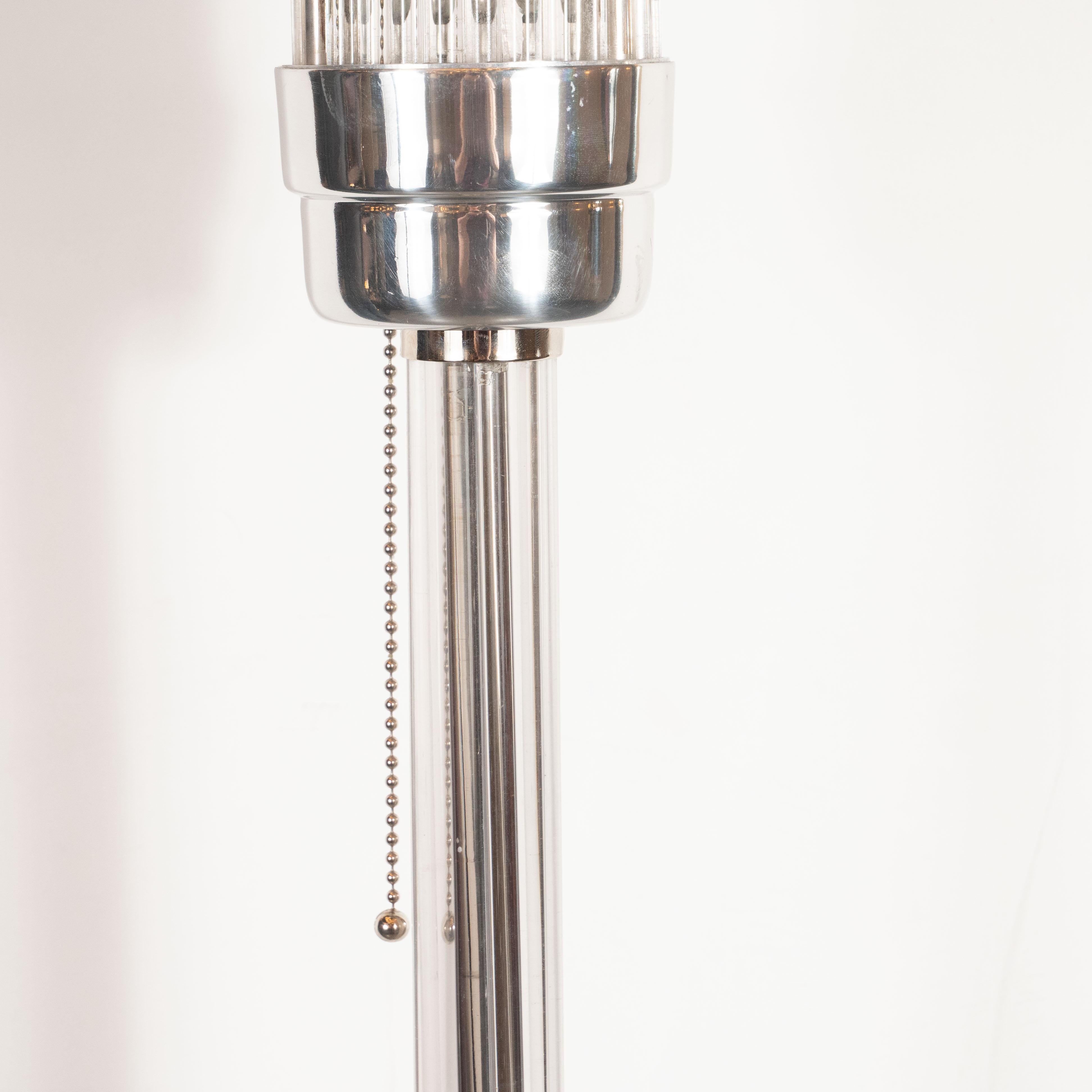 Mid-20th Century Art Deco Machine Age Skyscraper Style Nickel Torchiere with Glass Rod Detailing