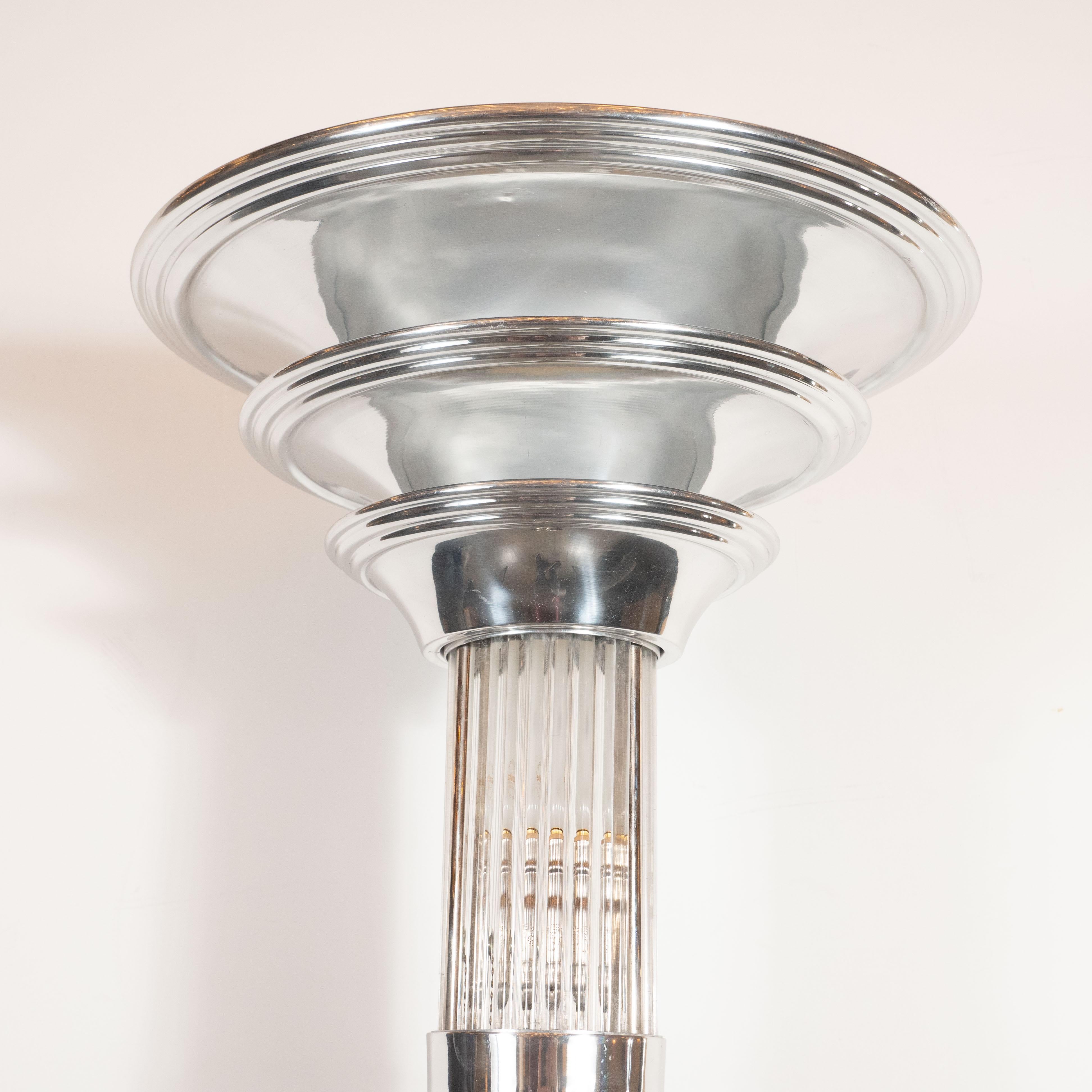 Art Deco Machine Age Skyscraper Style Nickel Torchiere with Glass Rod Detailing 3