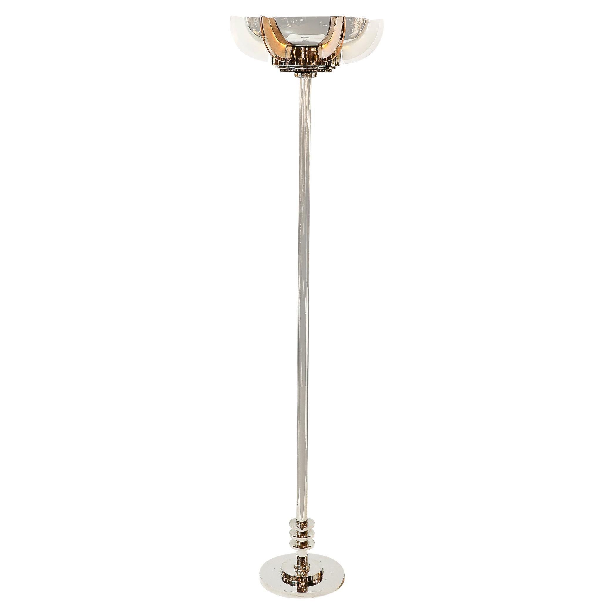 Art Deco Machine Age Skyscraper Style Nickel Torchiere w/ Rose & Clear Glass