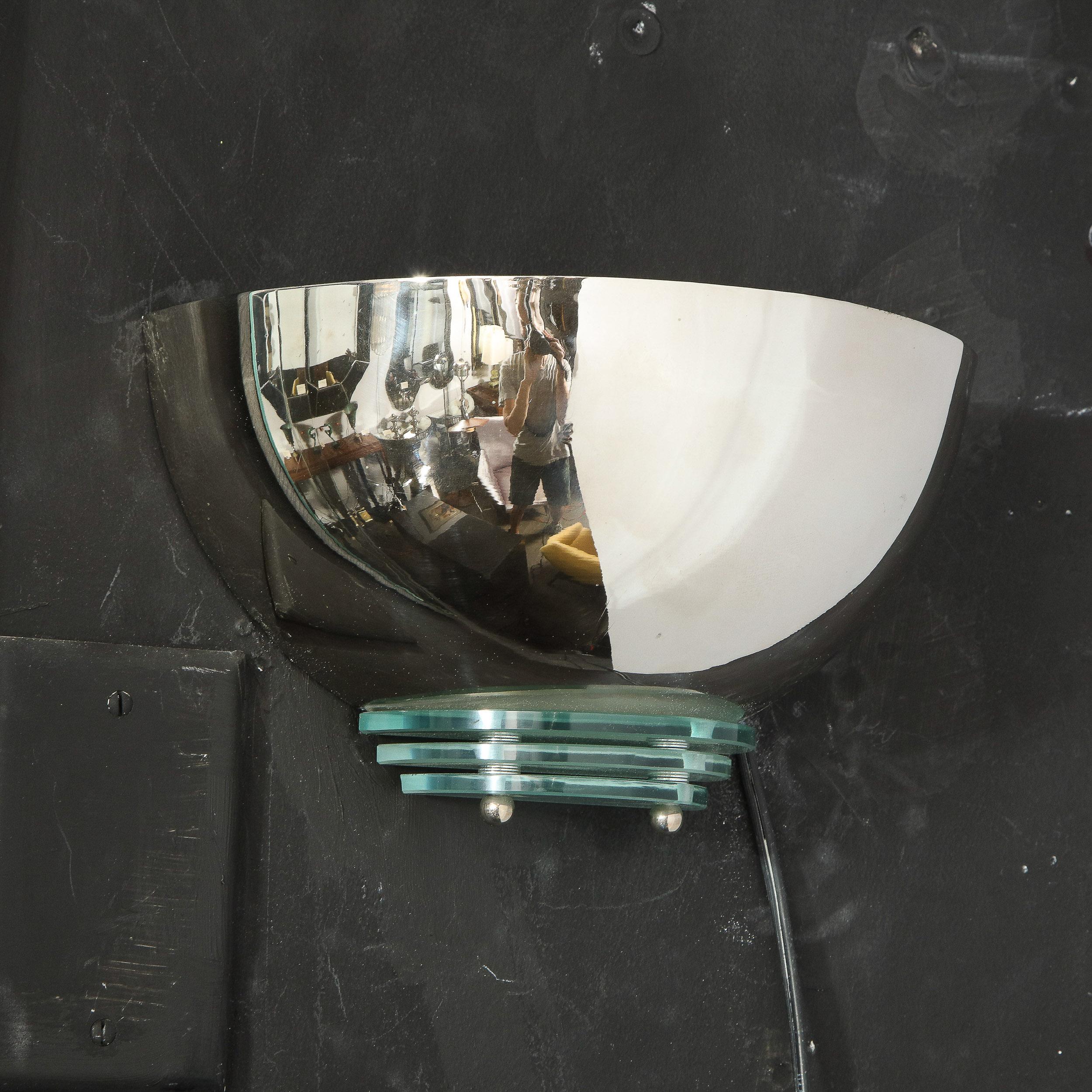 Art Deco Machine Age Skyscraper Style Streamlined Nickel and Glass Sconce In Excellent Condition In New York, NY