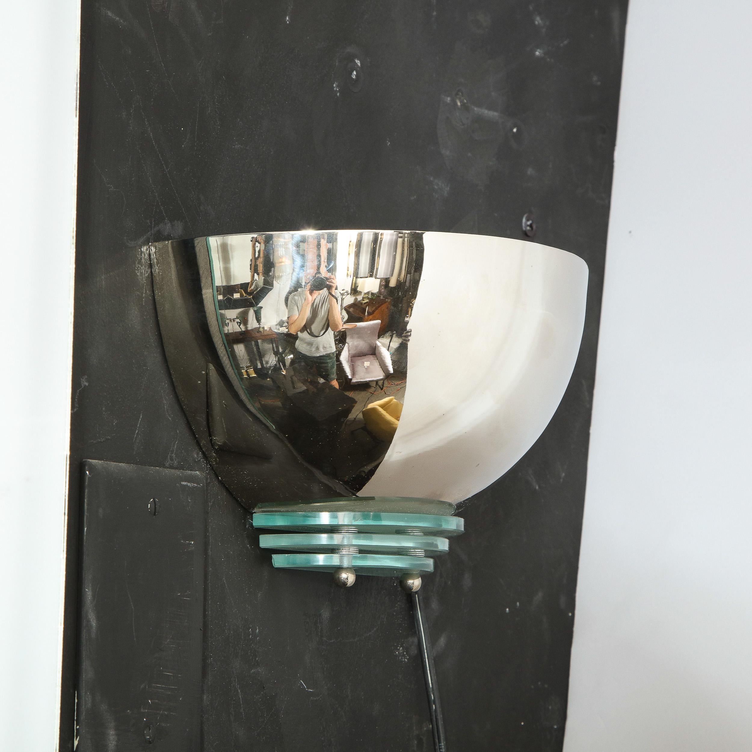 Mid-20th Century Art Deco Machine Age Skyscraper Style Streamlined Nickel and Glass Sconce