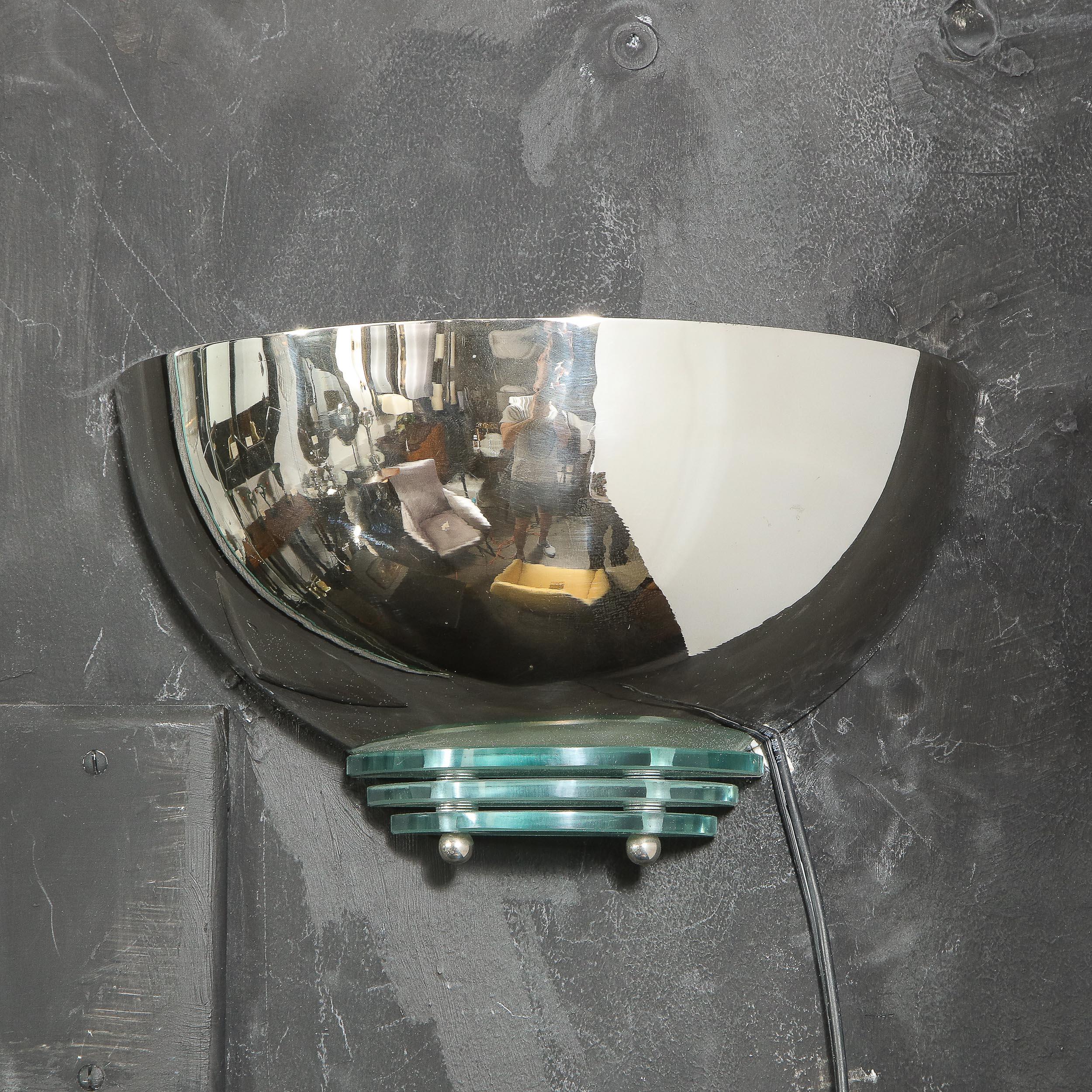 Art Deco Machine Age Skyscraper Style Streamlined Nickel and Glass Sconce 2