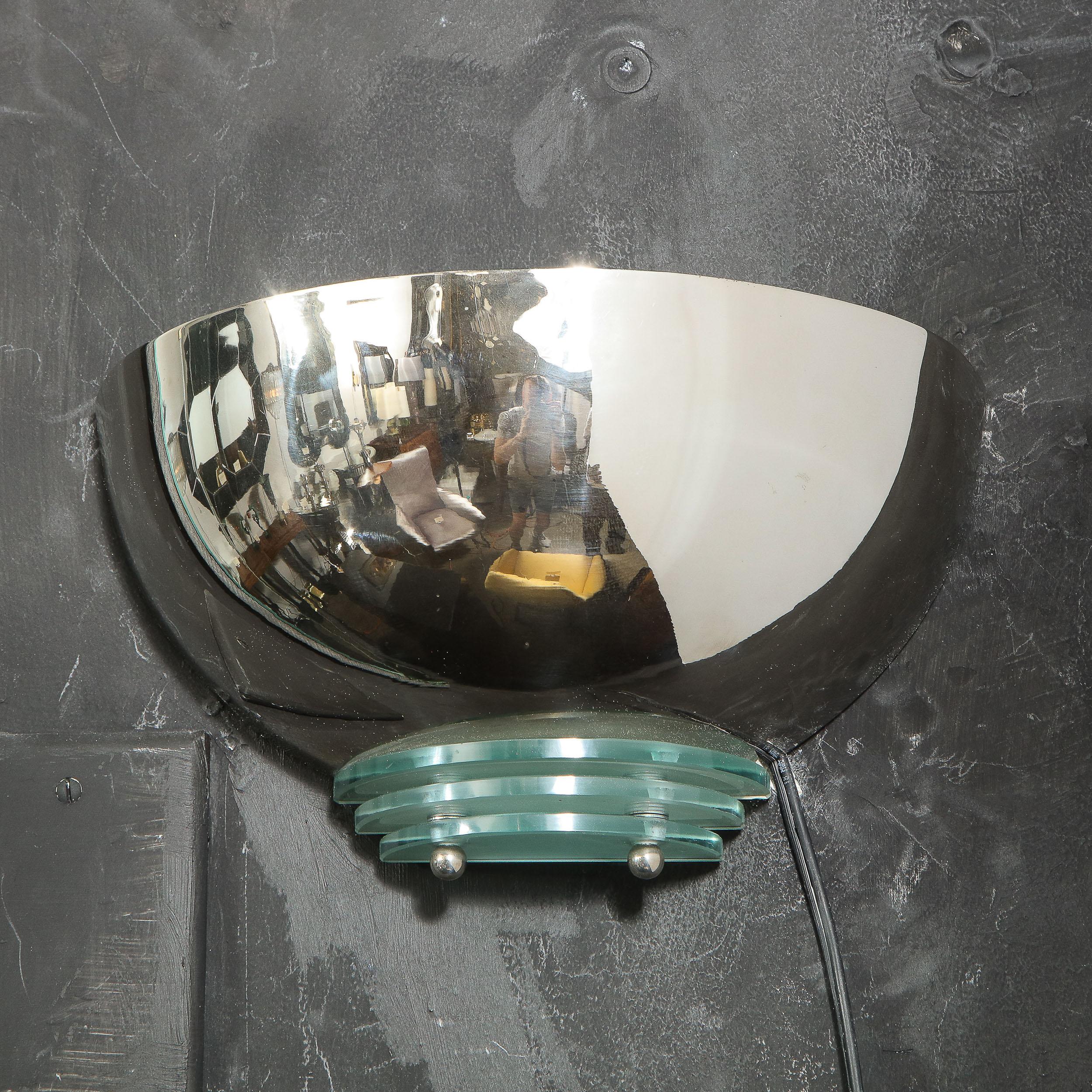 Art Deco Machine Age Skyscraper Style Streamlined Nickel and Glass Sconce 3