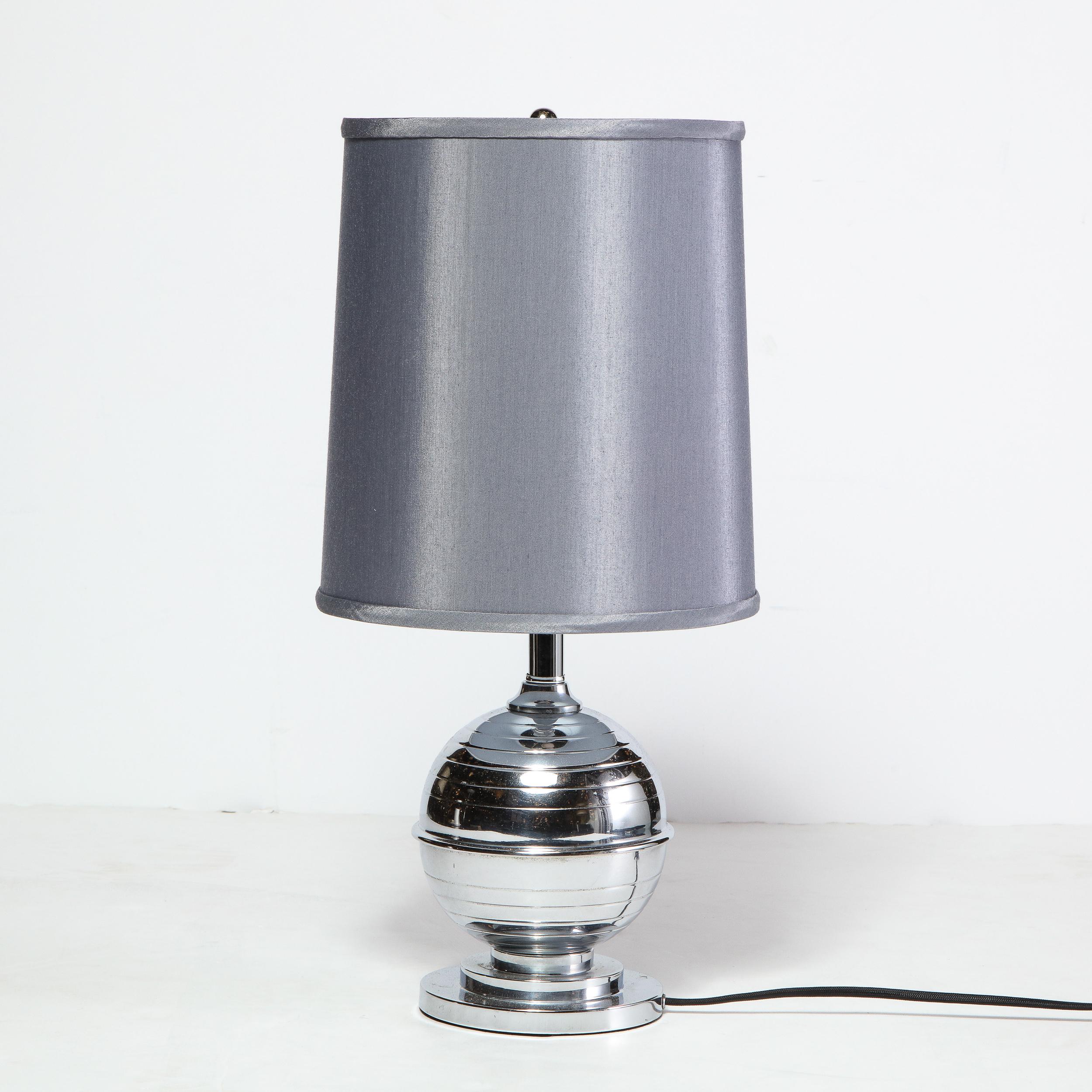 Art Deco Machine Age Skyscraper Style Striated Spherical Chrome Table Lamp In Excellent Condition In New York, NY