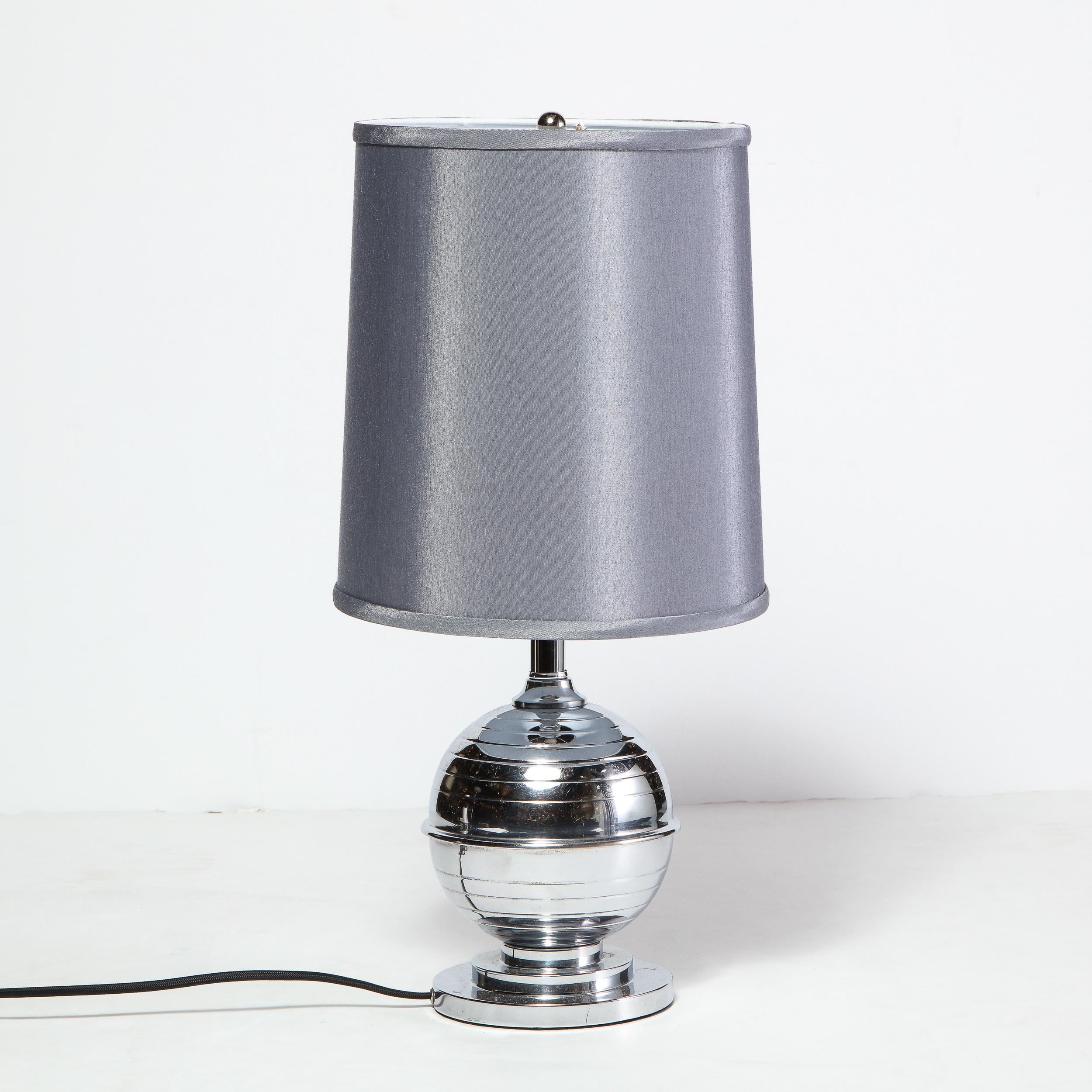 Art Deco Machine Age Skyscraper Style Striated Spherical Chrome Table Lamp 1