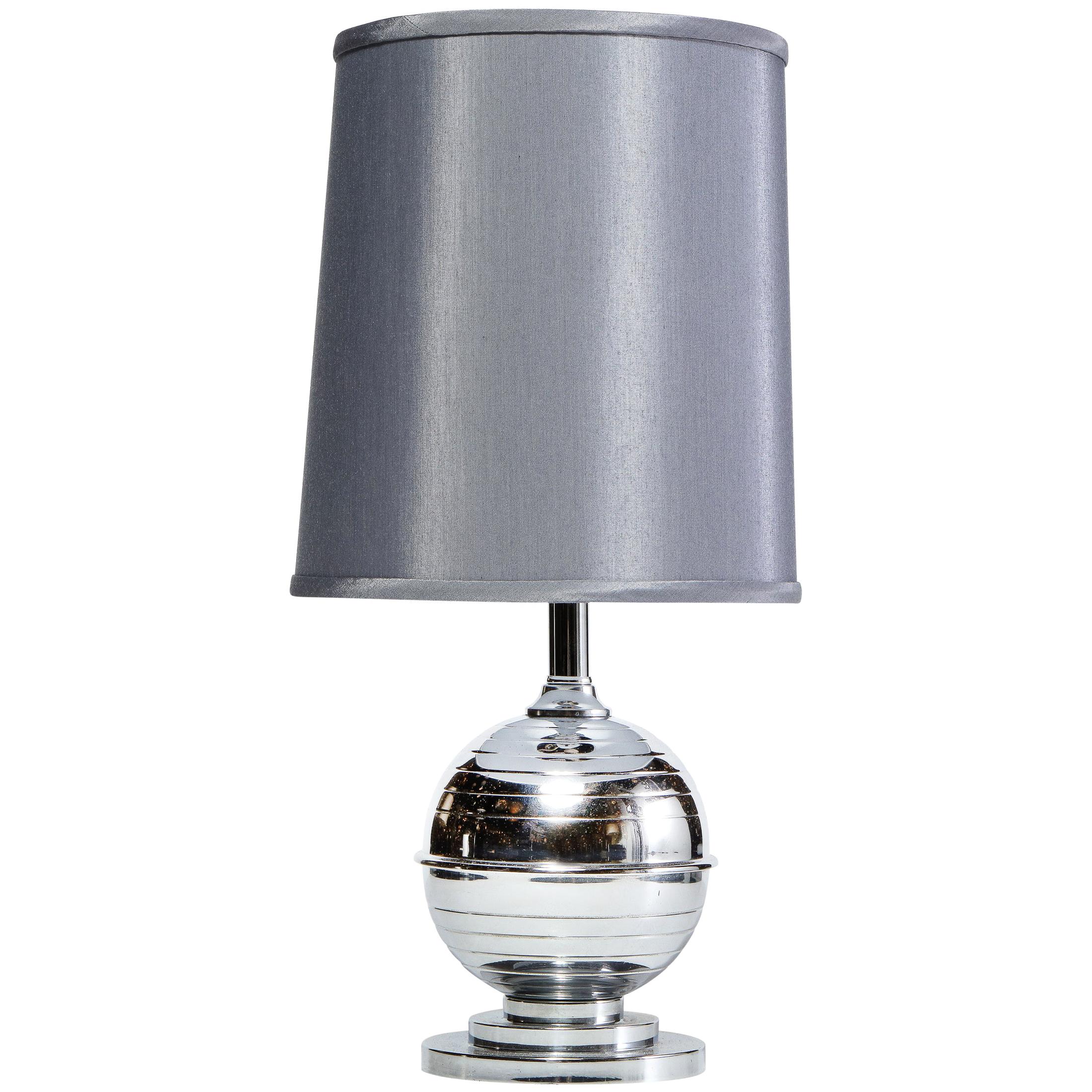 Art Deco Machine Age Skyscraper Style Striated Spherical Chrome Table Lamp