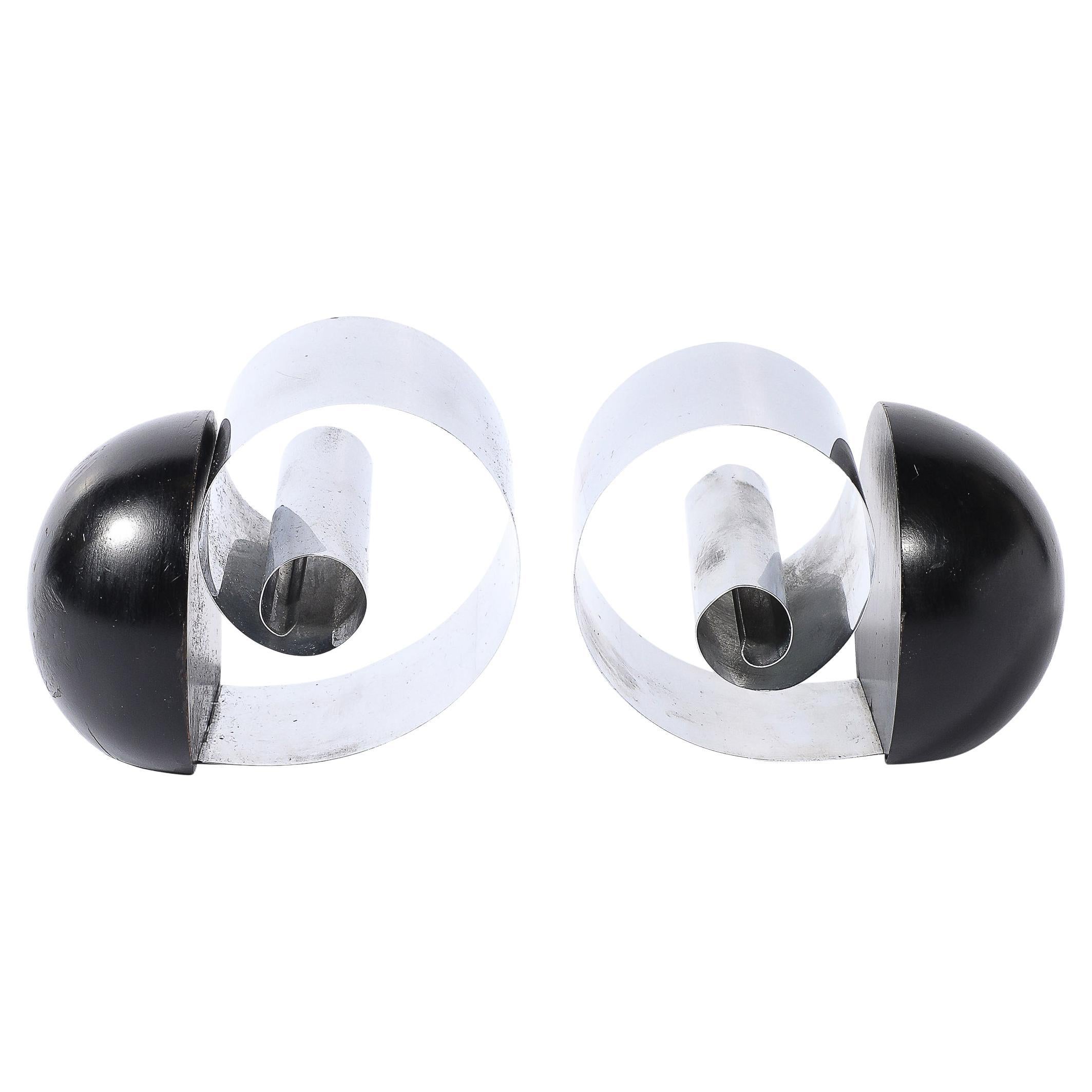 Art Deco Machine Age Spring Steel 
Black Enamel Spherical Bookends by Revere For Sale