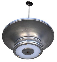 Art Deco Machine Age Spun Aluminum 23" 2 Ring Pendant Light, 2 Available