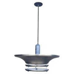Art Deco Machine Age Spun Aluminum 23" 2 Ring Pendant Light, 2 Available