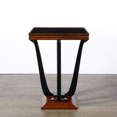 Art Deco Machine Age Square Walnut Occasional Table w/ Black Mirror Glass Top