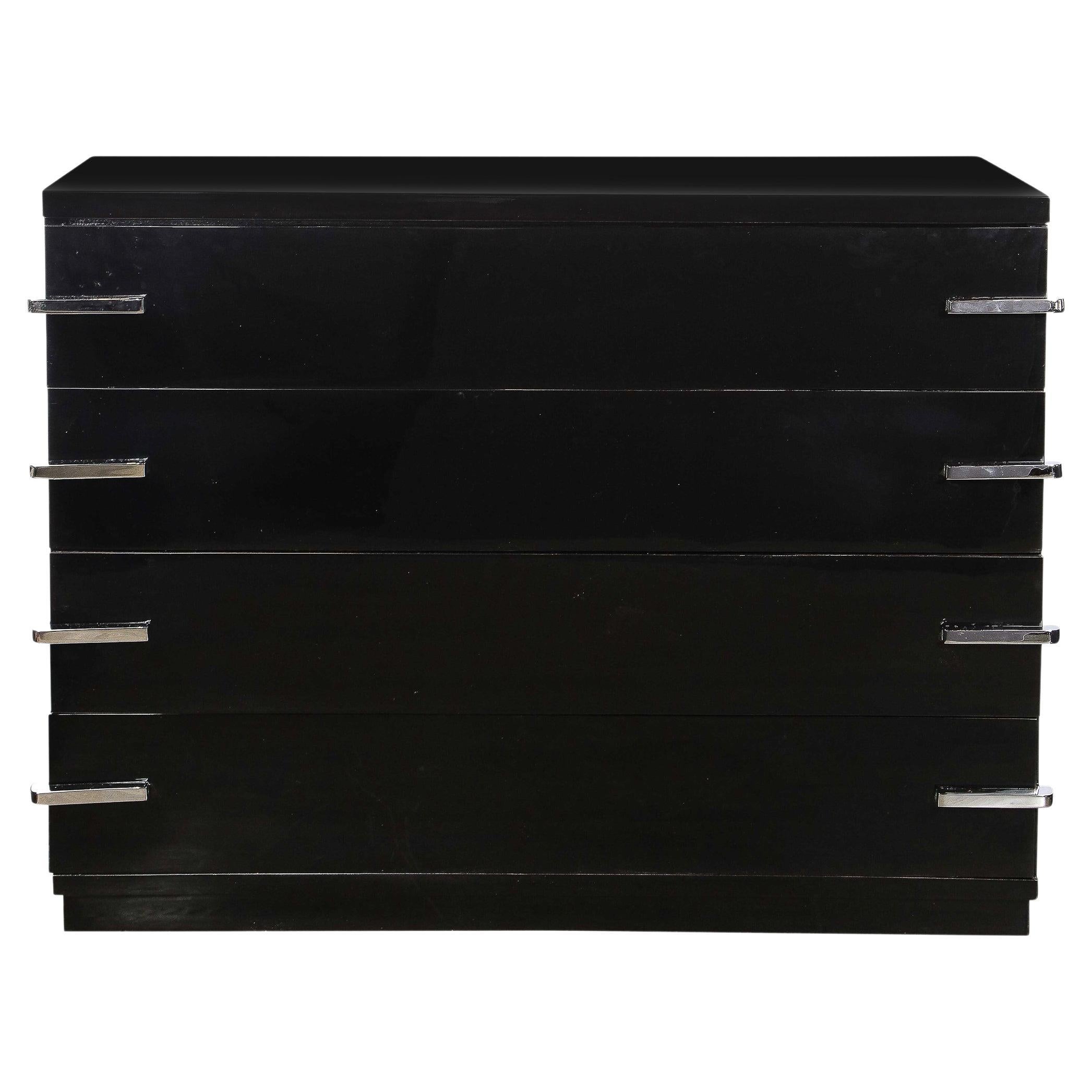 Art Deco Machine Age Streamline Black Lacquer 4 Drawer Dresser with Chrome Pulls