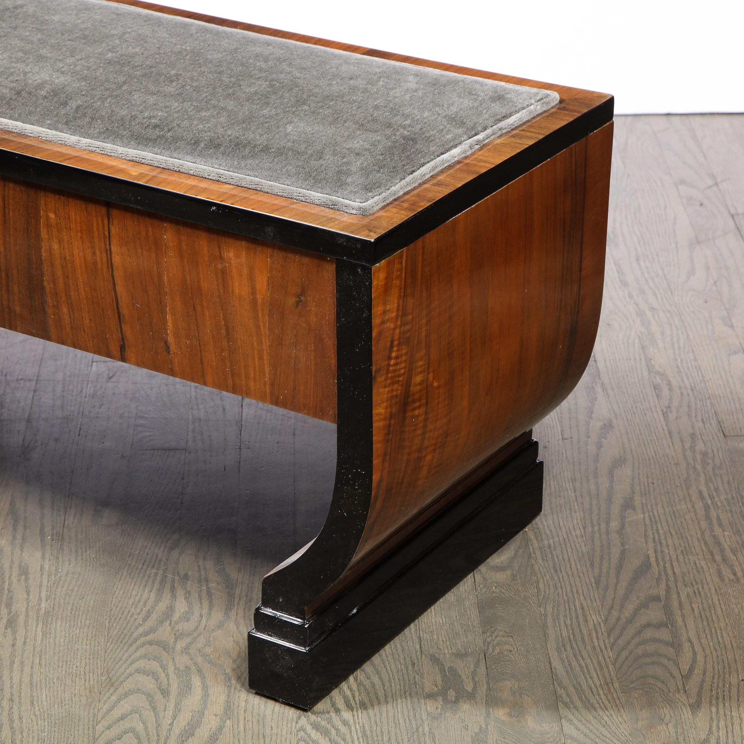 American Art Deco Machine Age Streamline Lacquer, Bookmatched Walnut & Slate Mohair Bench