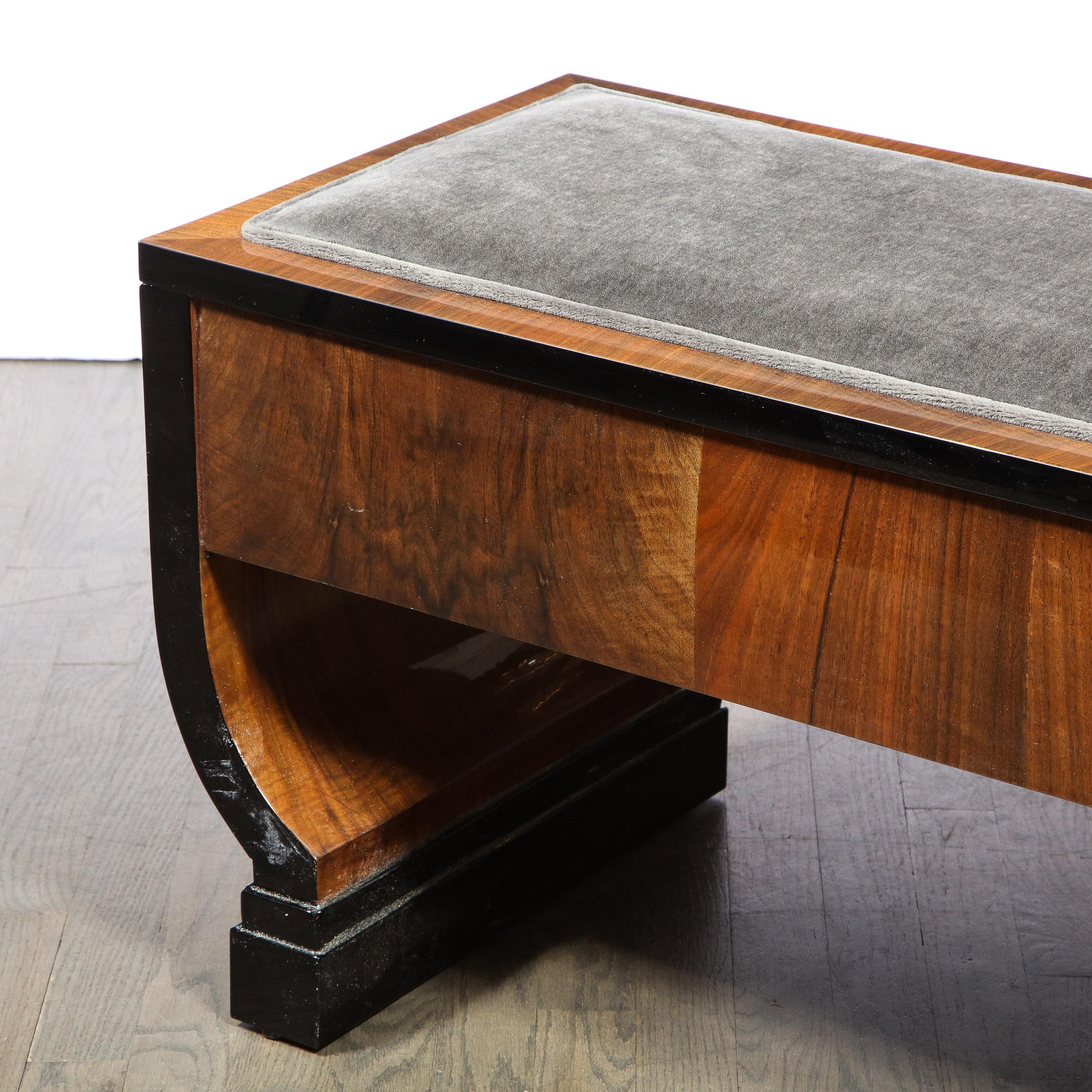 Art Deco Machine Age Streamline Lacquer, Bookmatched Walnut & Slate Mohair Bench In Excellent Condition In New York, NY