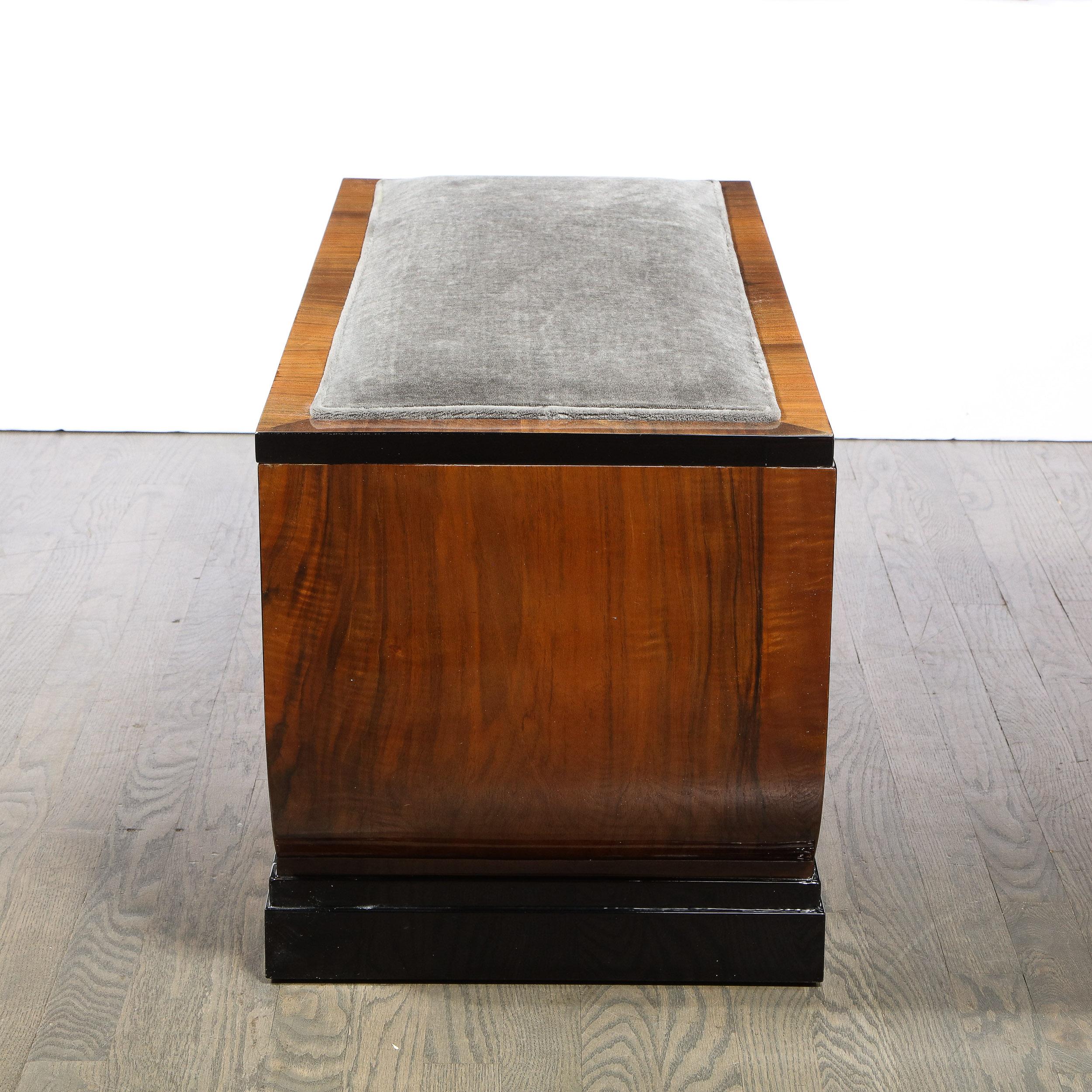 Mid-20th Century Art Deco Machine Age Streamline Lacquer, Bookmatched Walnut & Slate Mohair Bench