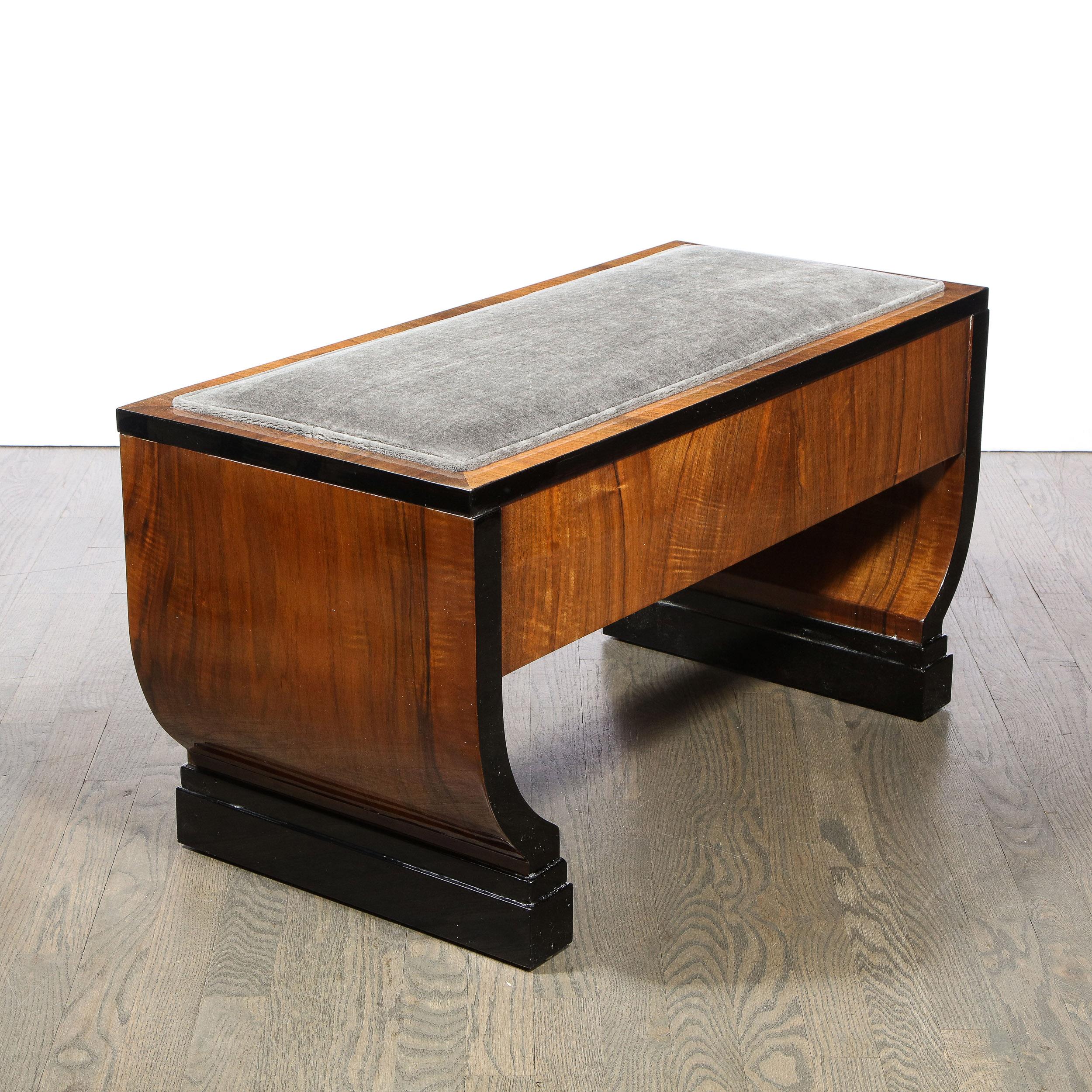 Art Deco Machine Age Streamline Lacquer, Bookmatched Walnut & Slate Mohair Bench 1