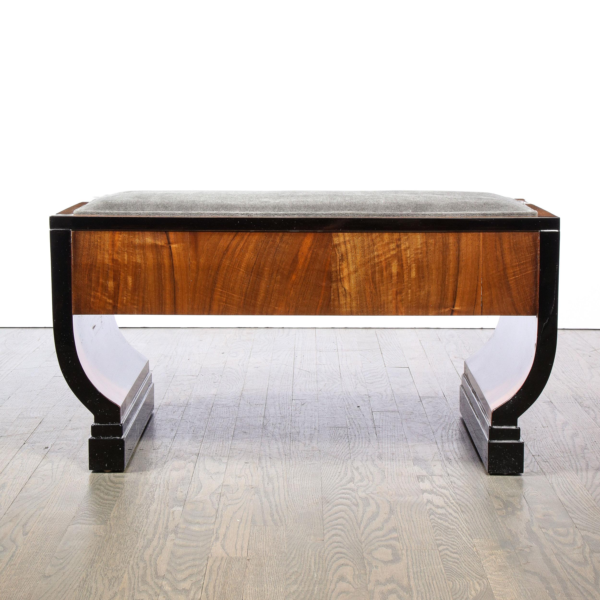 Art Deco Machine Age Streamline Lacquer, Bookmatched Walnut & Slate Mohair Bench 3