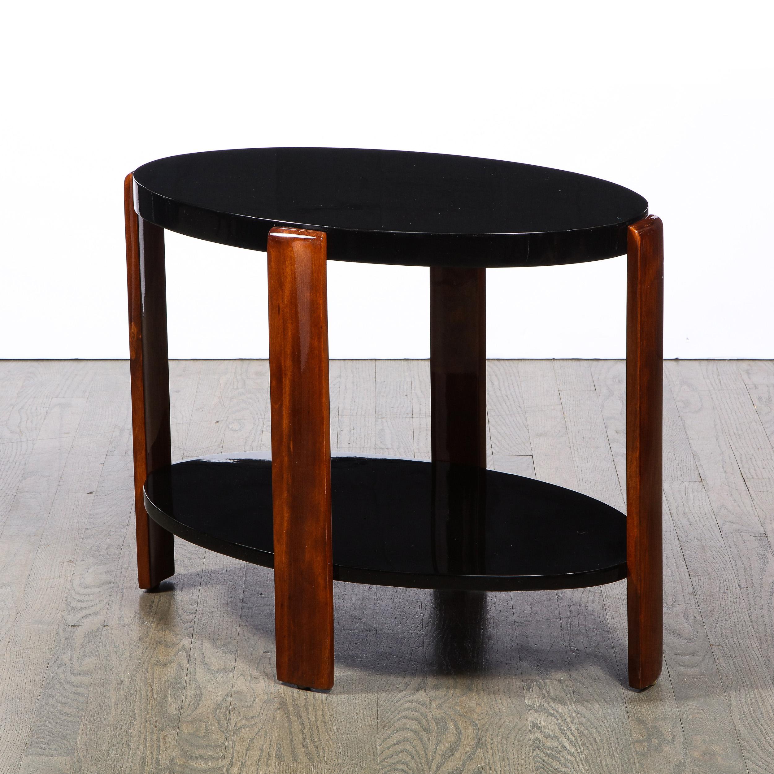 American Art Deco Machine Age Streamlined 2 Tier Black Lacquer & Bookmatched Walnut Table