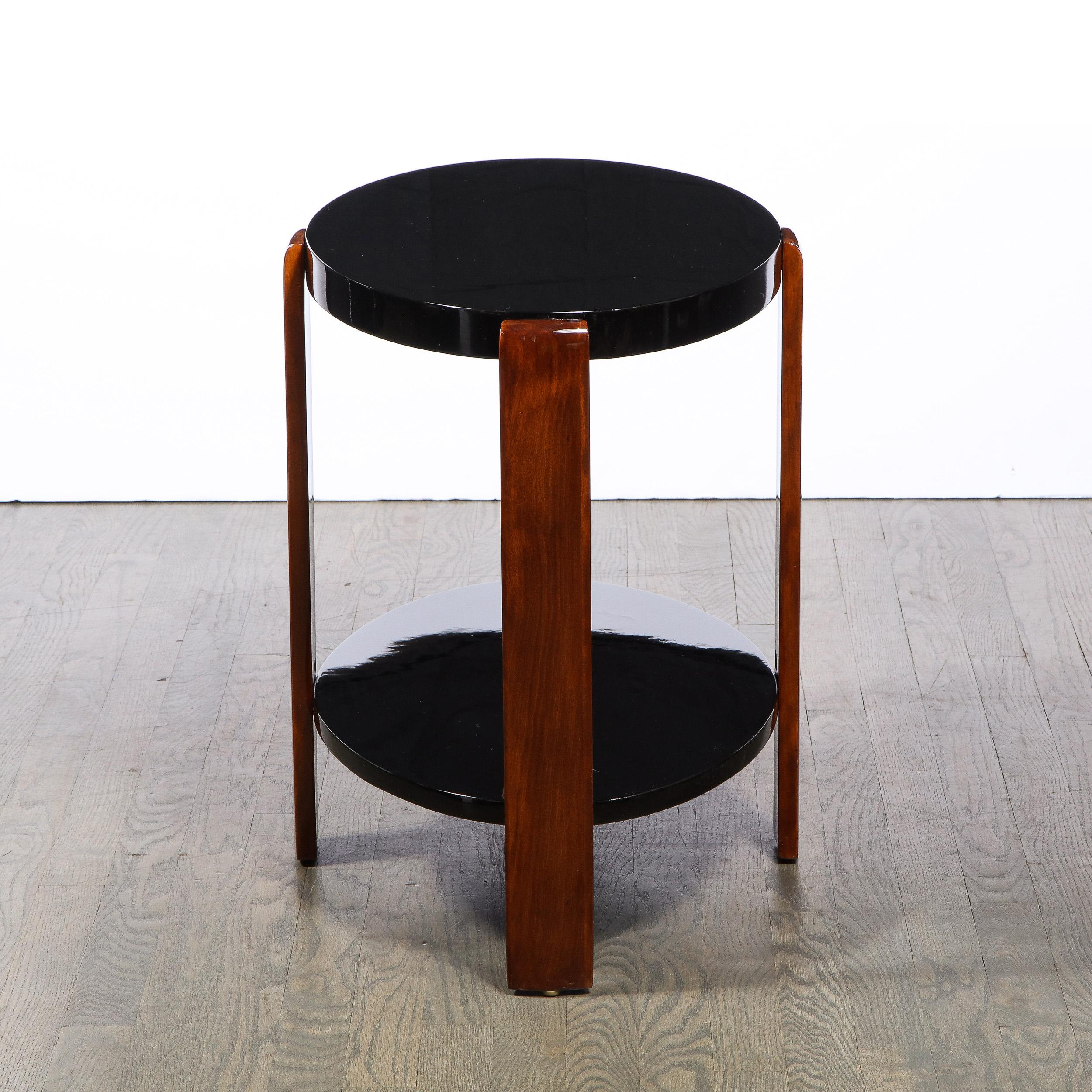 Art Deco Machine Age Streamlined 2 Tier Black Lacquer & Bookmatched Walnut Table In Excellent Condition In New York, NY
