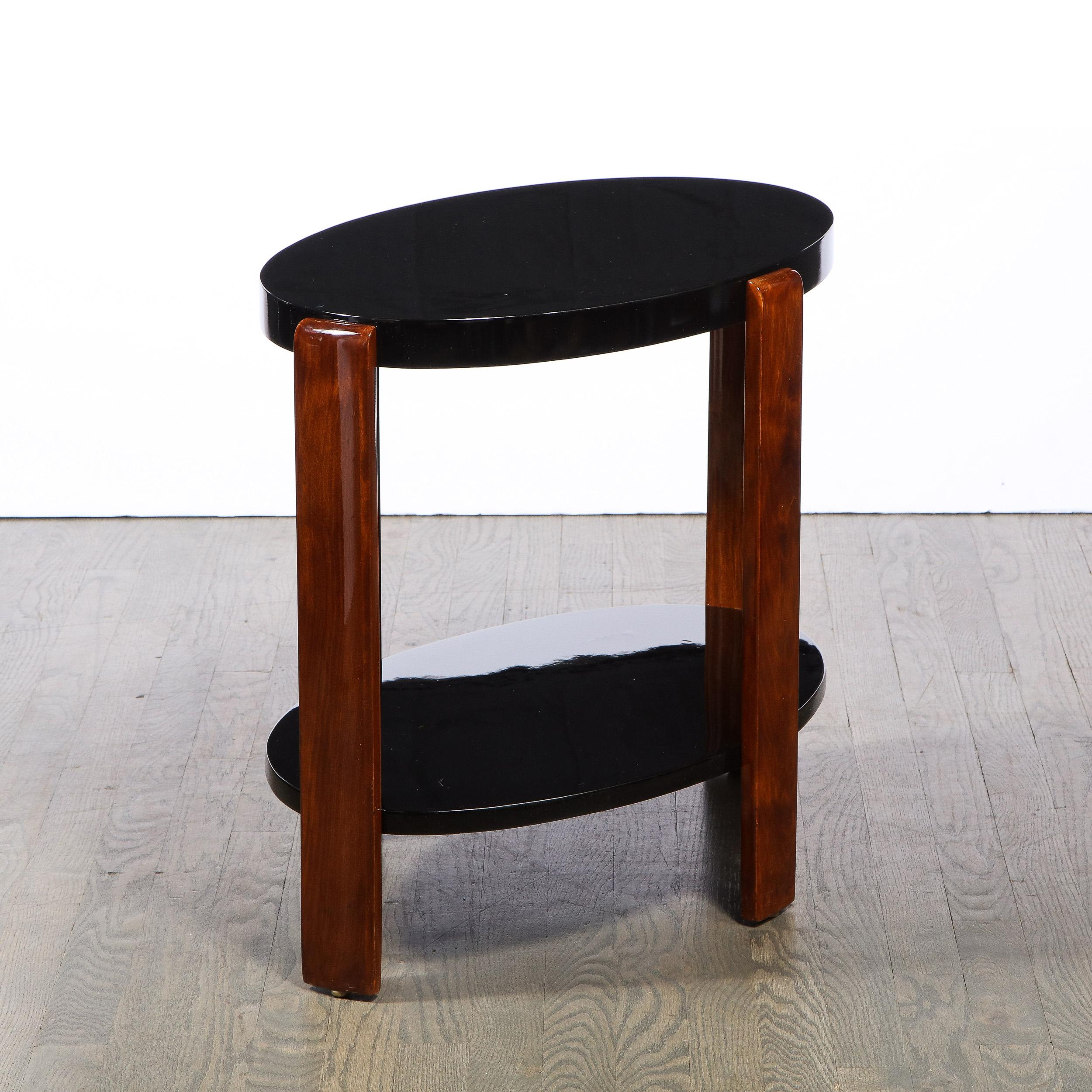 Mid-20th Century Art Deco Machine Age Streamlined 2 Tier Black Lacquer & Bookmatched Walnut Table