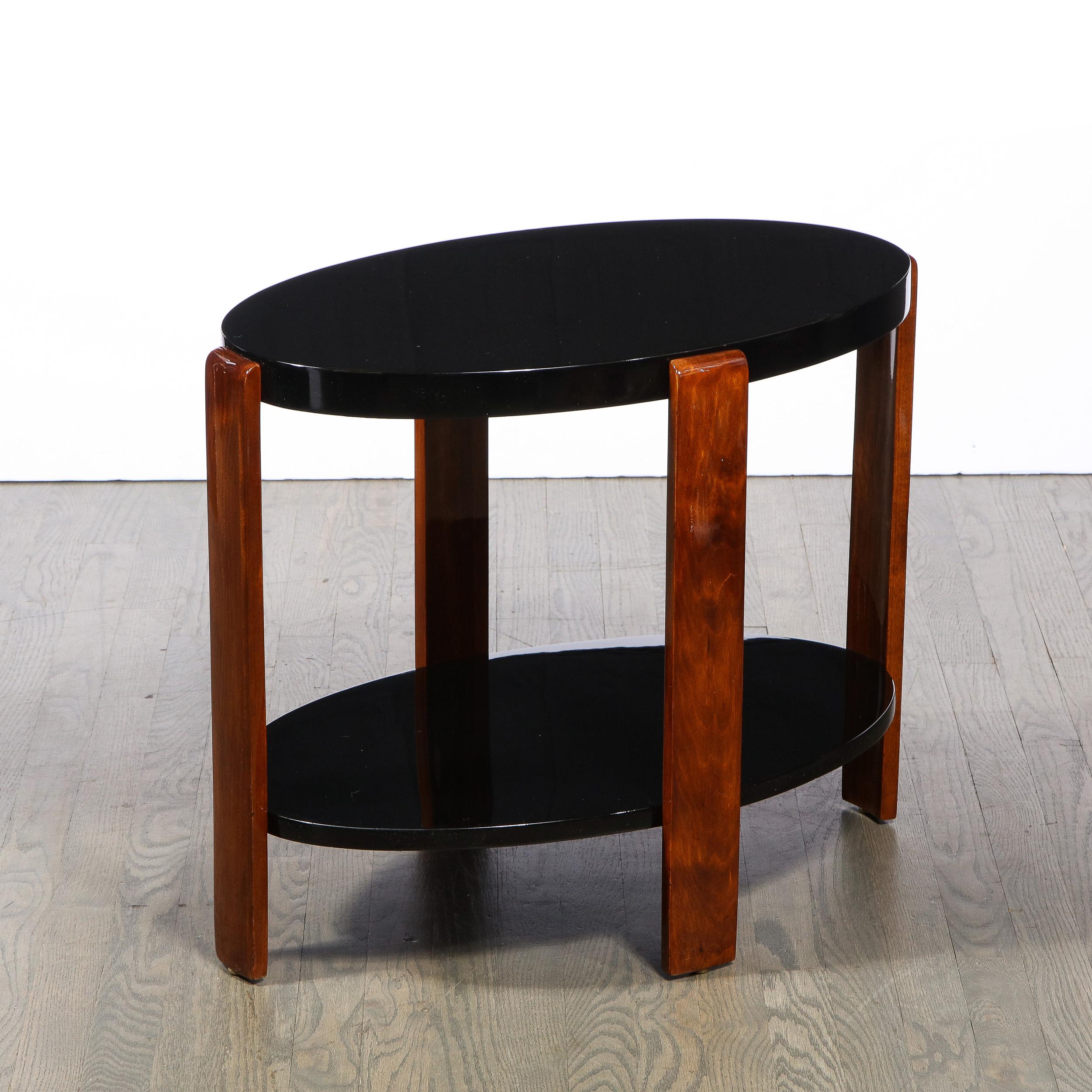 Art Deco Machine Age Streamlined 2 Tier Black Lacquer & Bookmatched Walnut Table 1