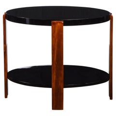 Art Deco Machine Age Streamlined 2 Tier Black Lacquer & Bookmatched Walnut Table