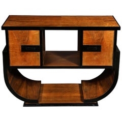 Art Deco Machine Age Streamlined Black Lacquer and Bookmatched Walnut Sideboard