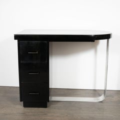 Art Deco Machine Age Streamlined Black Lacquer and Chrome "Bullet" Desk