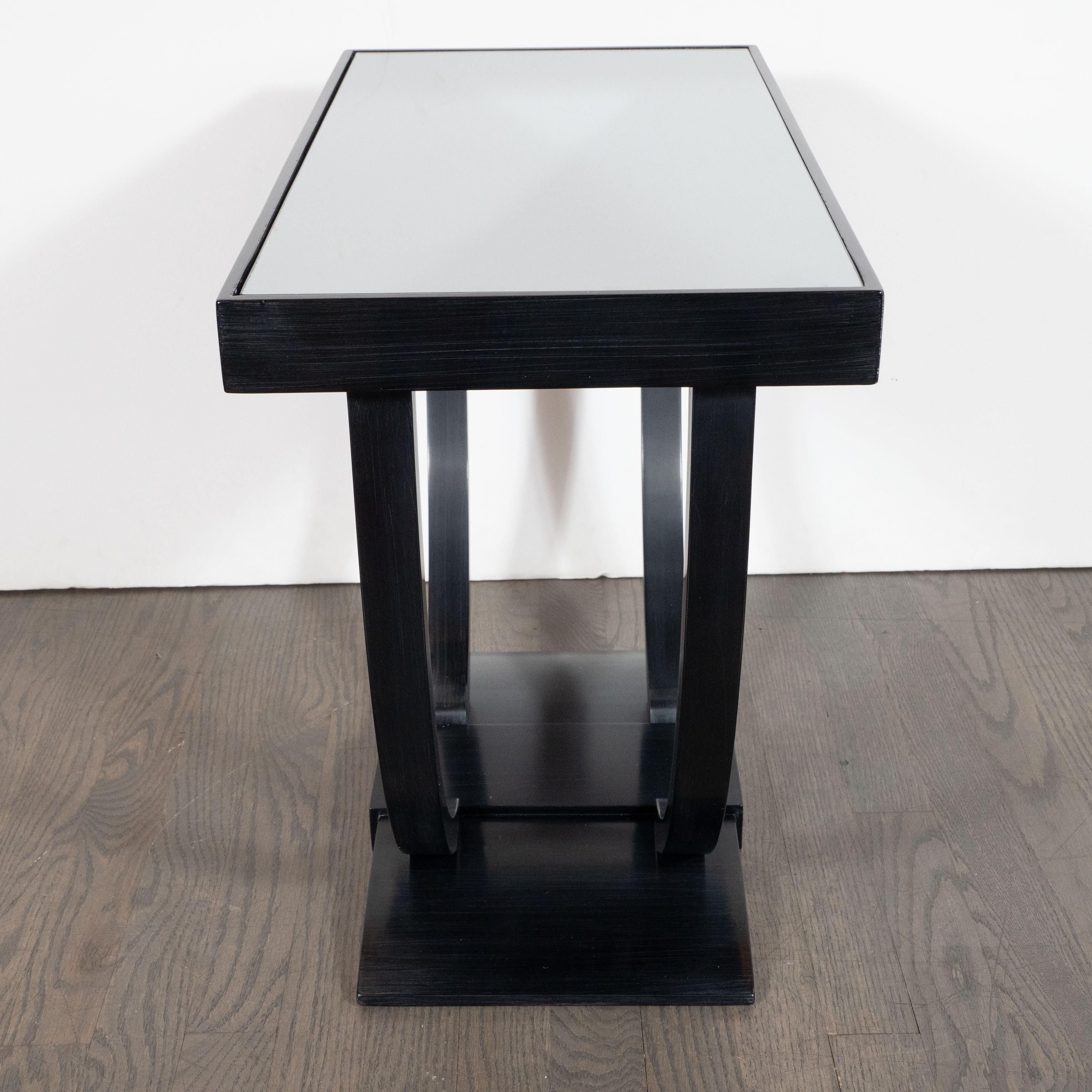 Art Deco Machine Age Streamlined Ebonized Walnut and Mirror Side/End Table In Distressed Condition In New York, NY