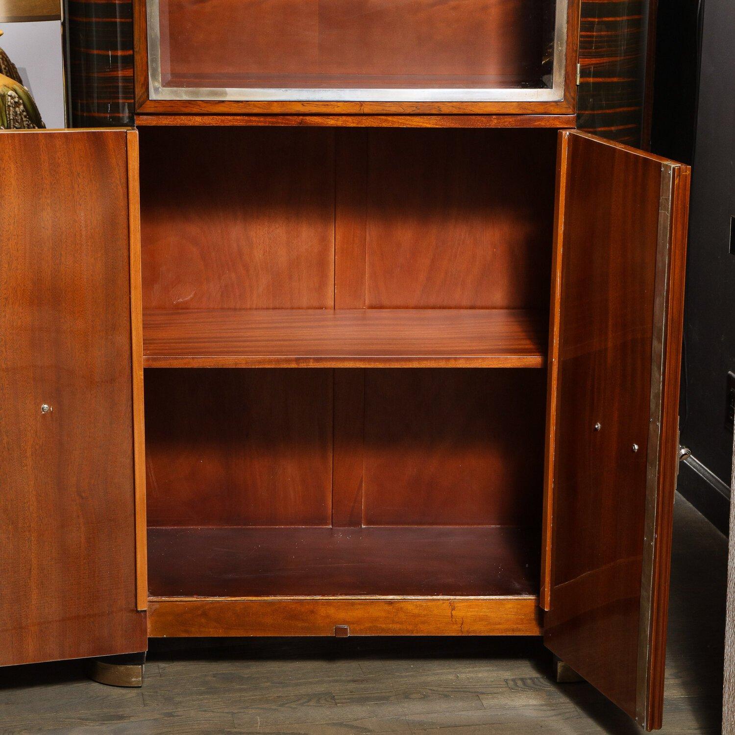 Art Deco Machine Age Streamlined Mahogany and Macassar Cabinet with Nickel Pulls In Excellent Condition In New York, NY