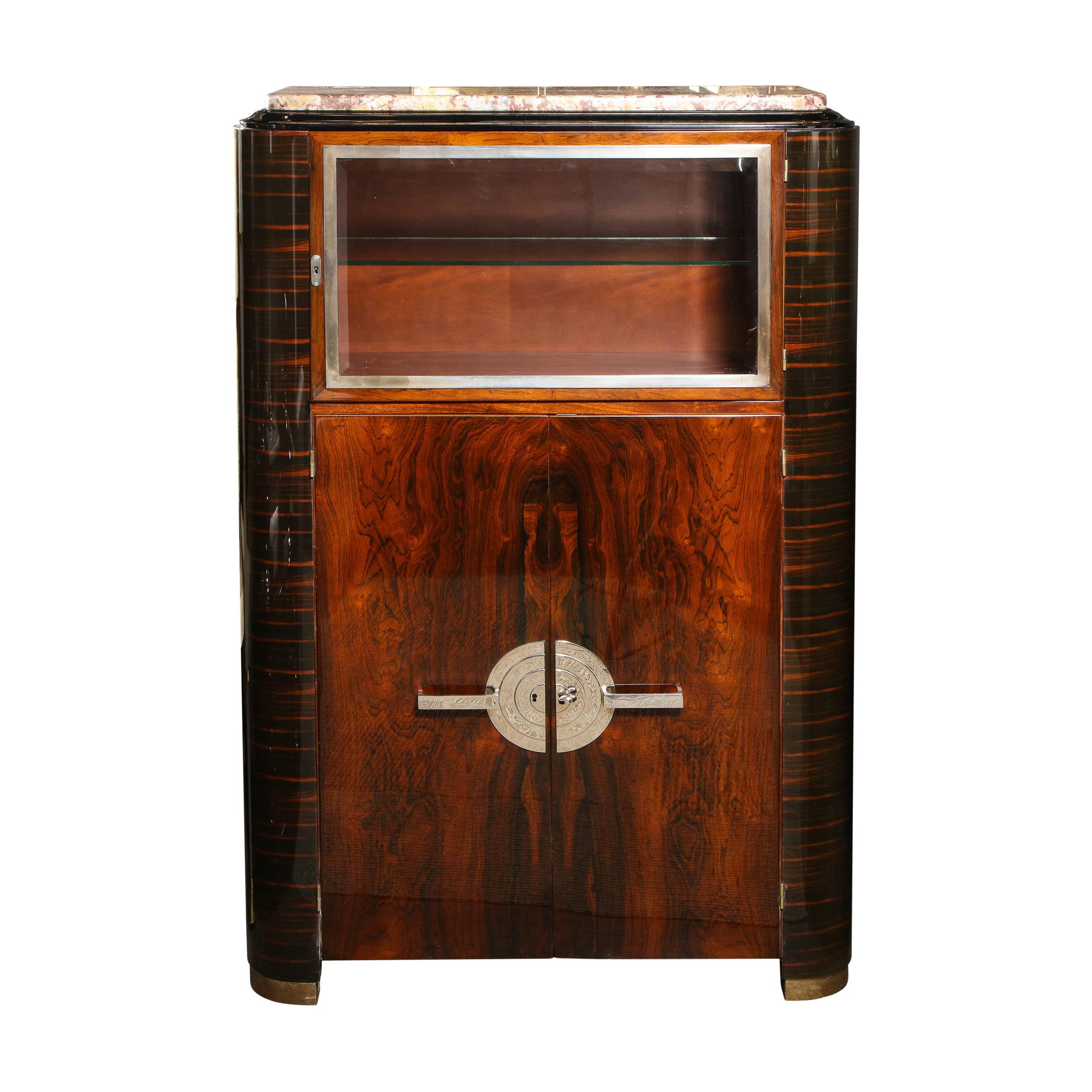 Art Deco Machine Age Streamlined Mahogany and Macassar Cabinet with Nickel Pulls