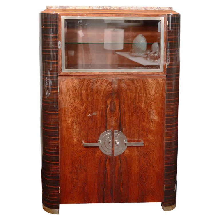 Art Deco Machine Age Streamlined Mahogany and Macassar Cabinet with Nickel Pulls