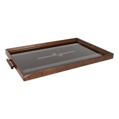 Art Deco Machine Age Streamlined Sterling Silver Glass Tray, Walnut Perimeter